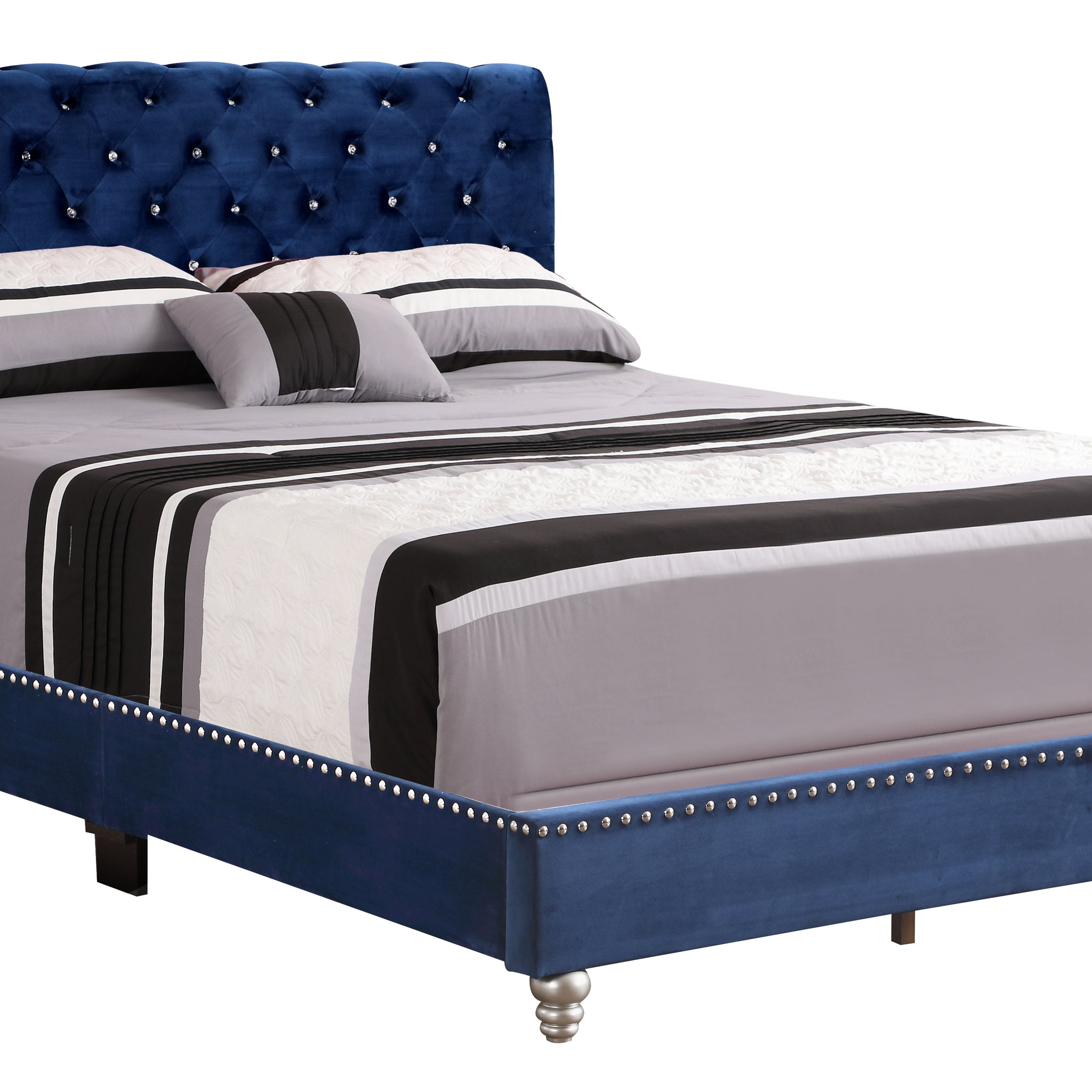 Transitional Navy Blue Upholstered Bed Navy Blue Foam Velvet