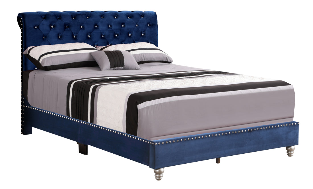 Transitional Navy Blue Upholstered Bed Navy Blue Foam Velvet
