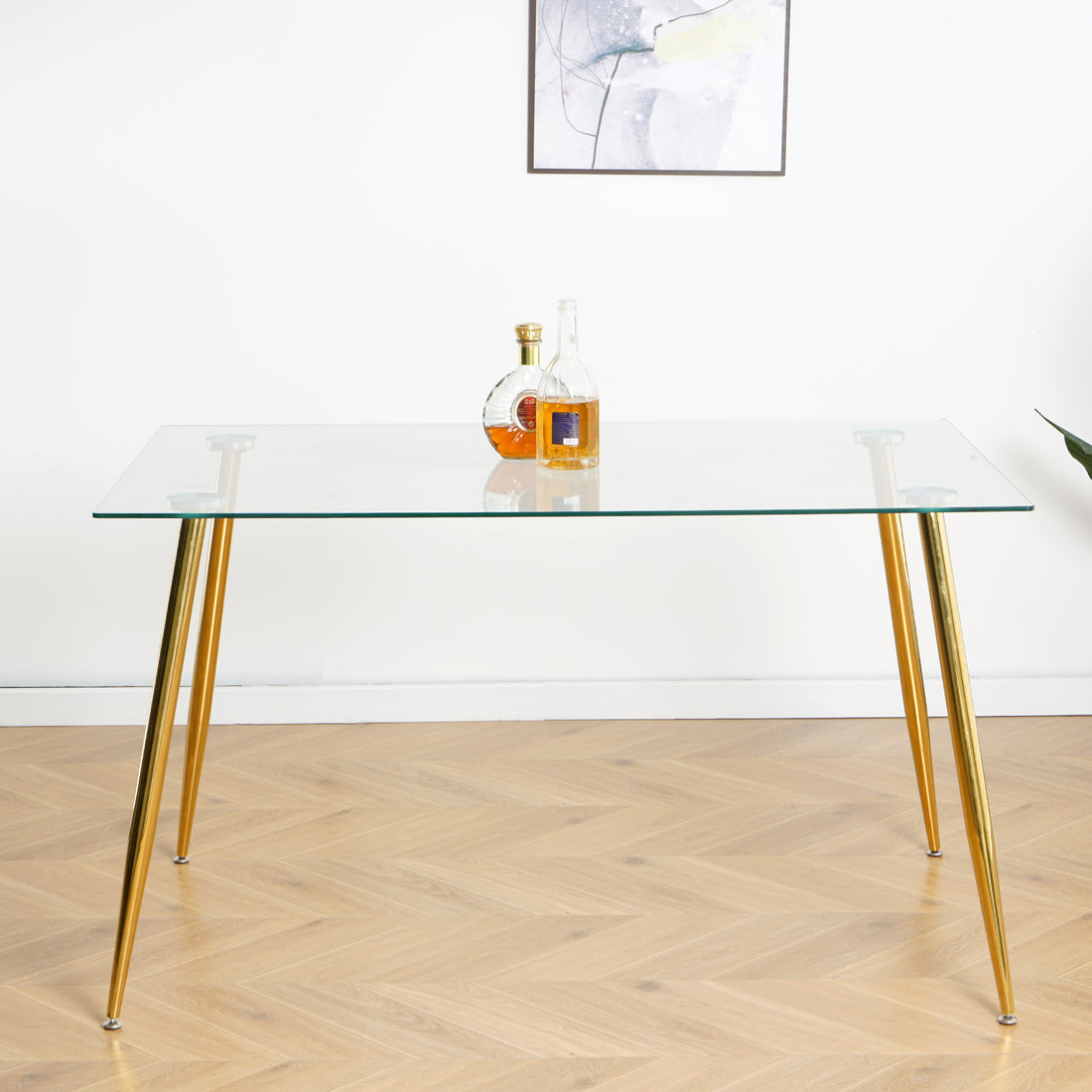 Modern Kitchen Glass Dining Table 51" Rectangular Tempered Glass Table Top,Clear Dining Table Metal Legs, Gold Legs Set Of 1 Clear Rectangular Glass