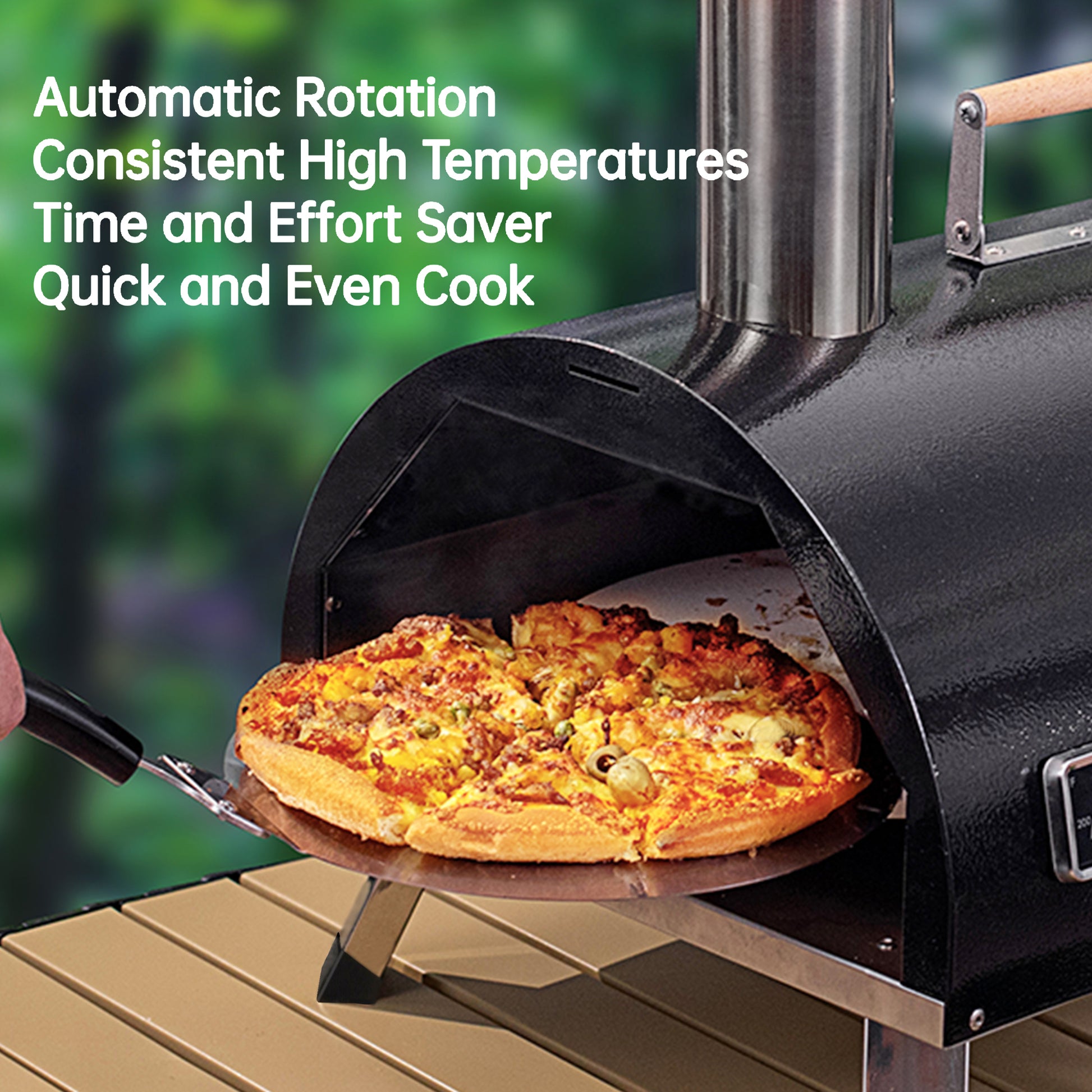 Black Pizza Oven Outdoor 12" Automatic Rotatable Pizza Ovens Portable Stainless Steel Wood Fired Pizza Oven Pizza Maker With Built In Thermometer Pizza Cutter Carry Bag Black Garden & Outdoor American Design Stainless Steel Stainless Steel