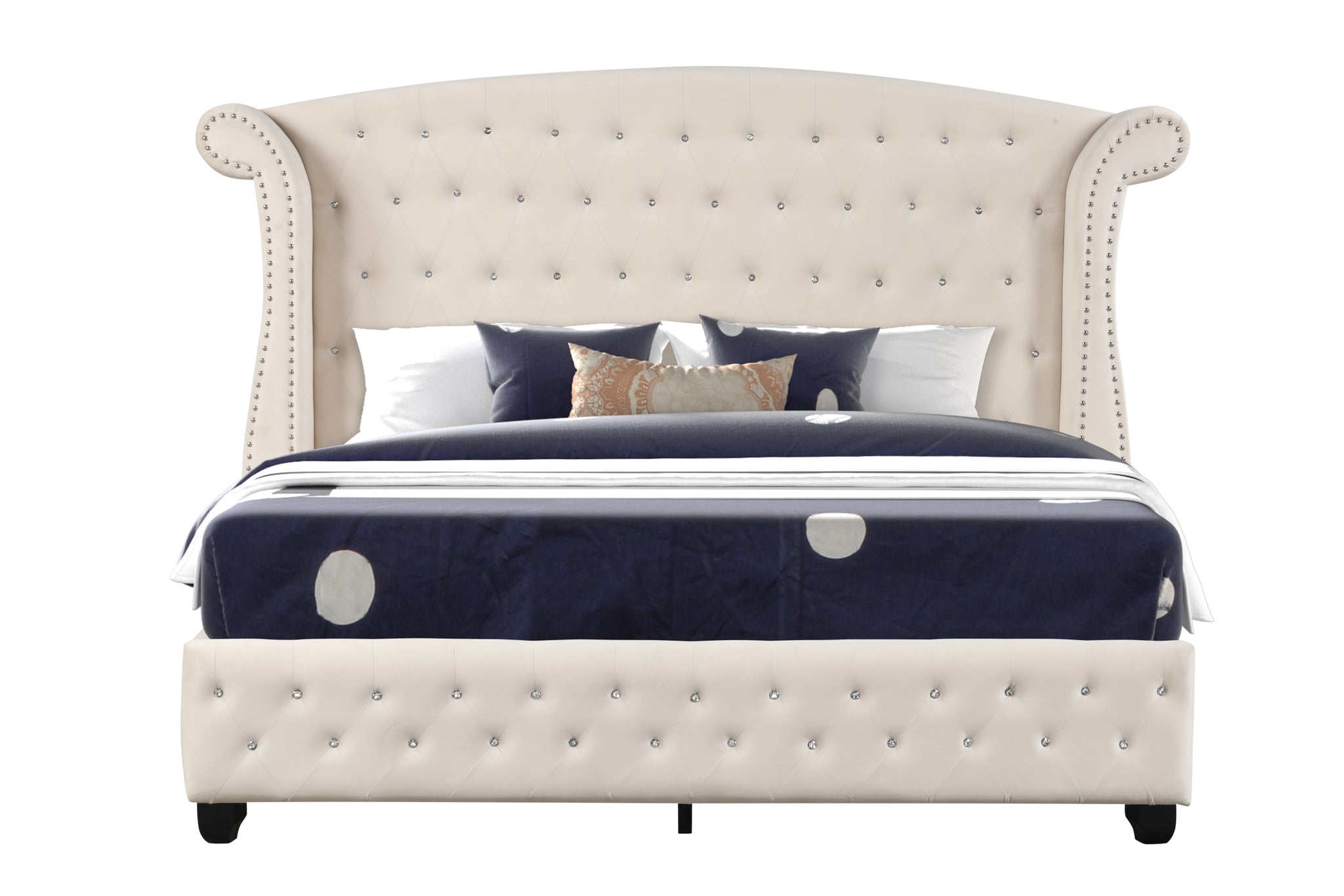 Sophia Crystal Tufted King Bed Made With Wood In Cream Box Spring Not Required King Cream Wood Bedroom Contemporary,Modern Upholstered Velvet Wood