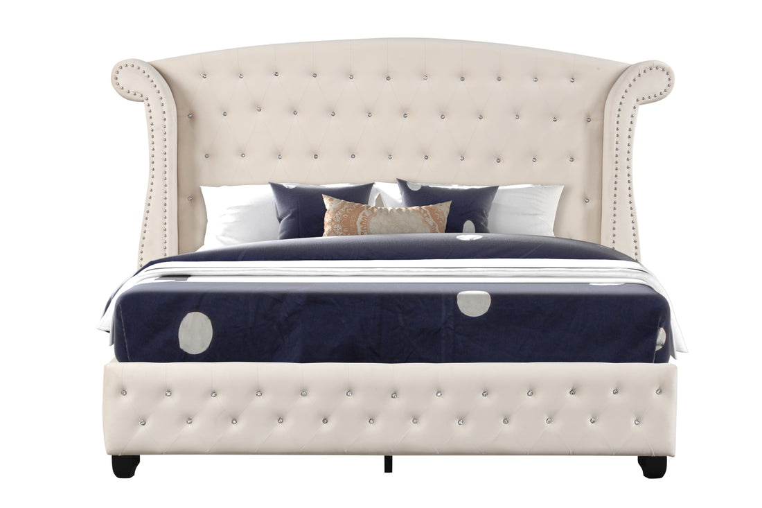 Sophia Crystal Tufted King Bed Made With Wood In Cream Box Spring Not Required King Cream Wood Bedroom Contemporary,Modern Upholstered Velvet Wood