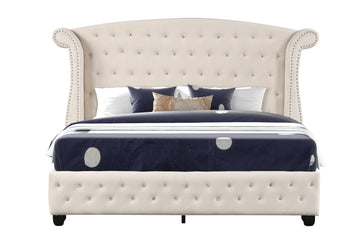 Sophia Crystal Tufted King Bed Made With Wood In Cream Box Spring Not Required King Cream Wood Bedroom Contemporary,Modern Upholstered Velvet Wood