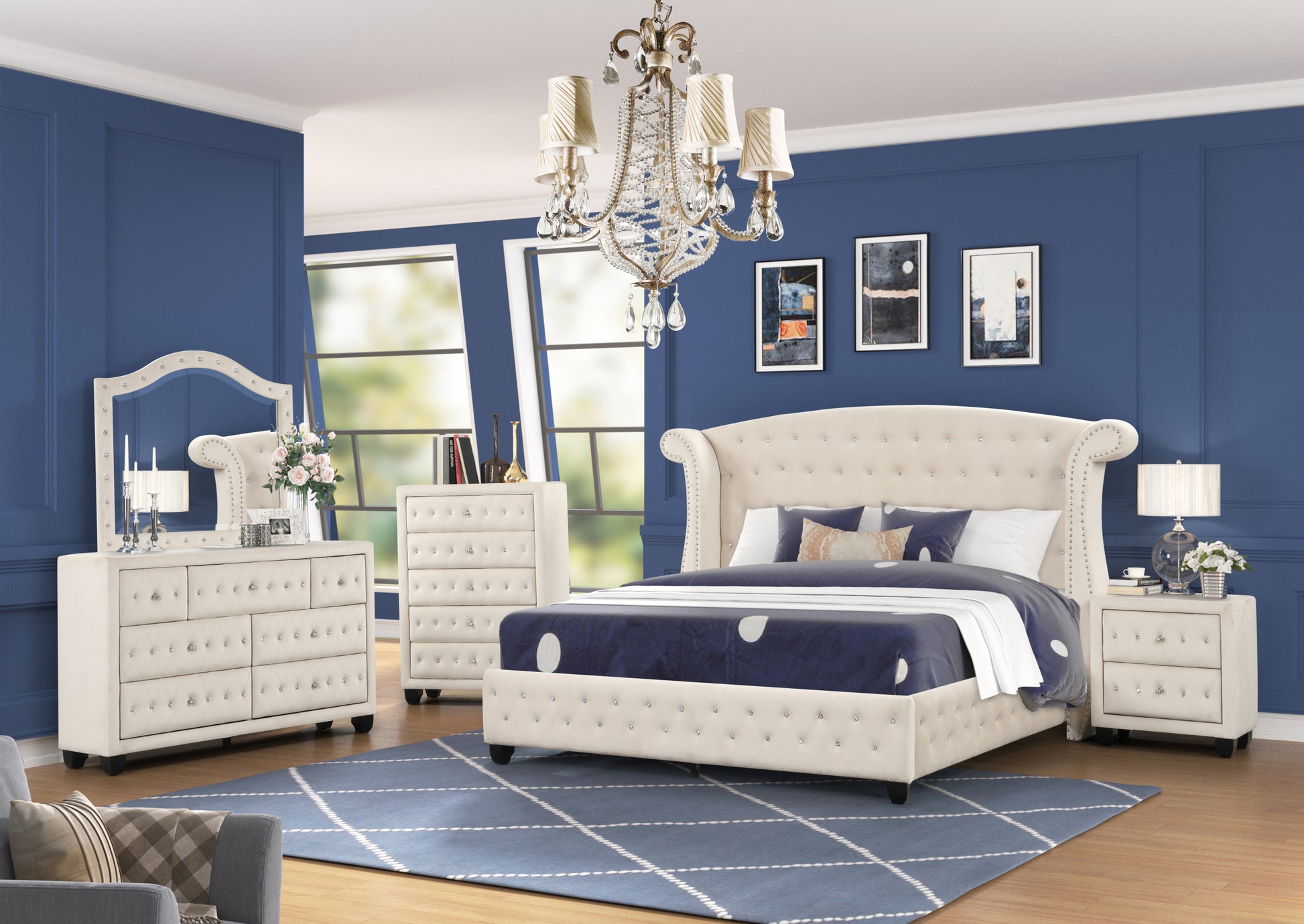 Sophia King 5 Pc Bedroom Set Made With Wood In Cream Box Spring Not Required King Cream Wood 5 Piece Set Bedroom Bed Included,Chest Included,Dresser Included,Mirror Included,Nightstand Included Contemporary,Modern Upholstered Velvet Tufted Wood