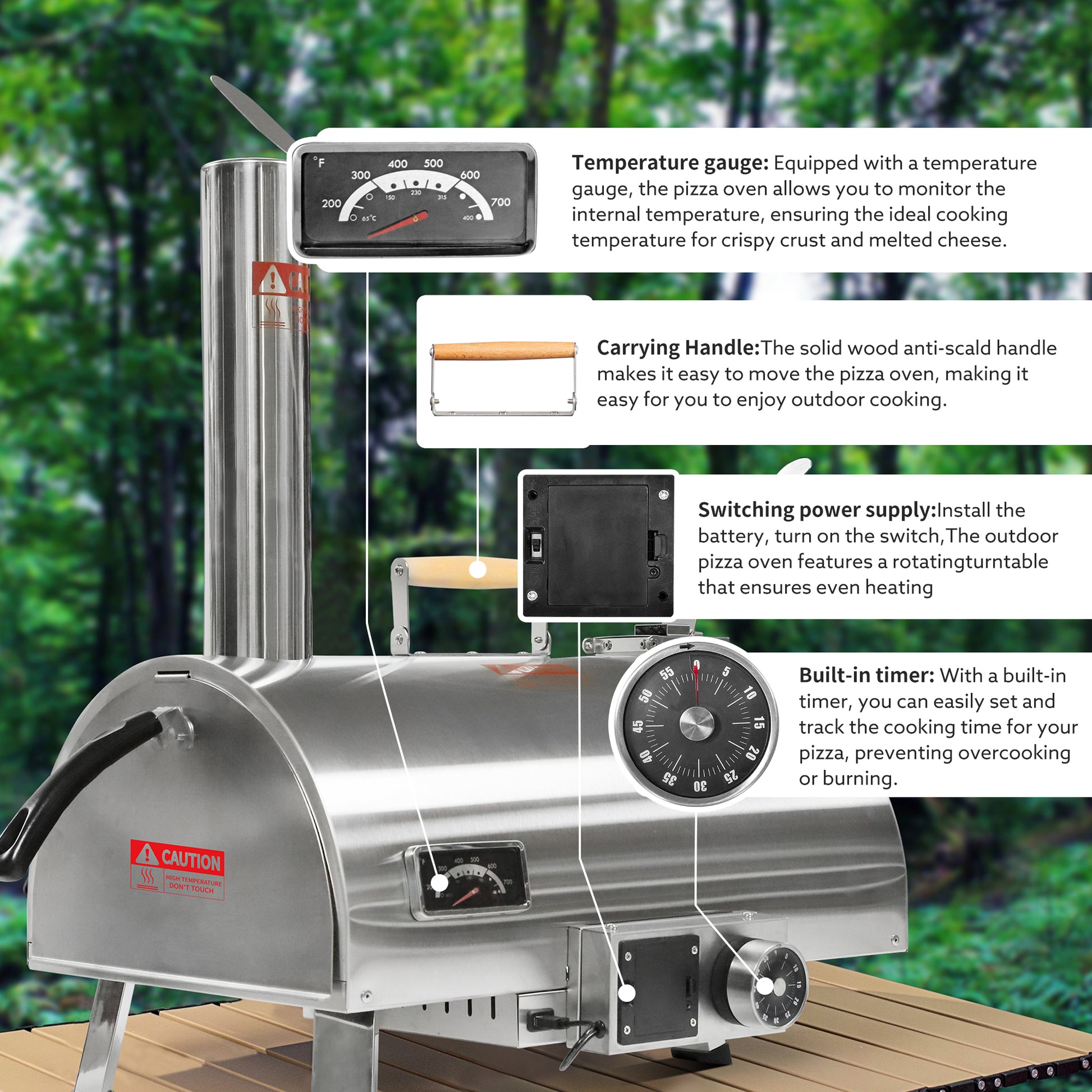 Pizza Oven Outdoor 12" Automatic Rotatable Pizza Ovens Portable Stainless Steel Wood Fired Pizza Oven Pizza Maker With Built In Thermometer Pizza Cutter Carry Bag Silver Garden & Outdoor American Design Stainless Steel Stainless Steel