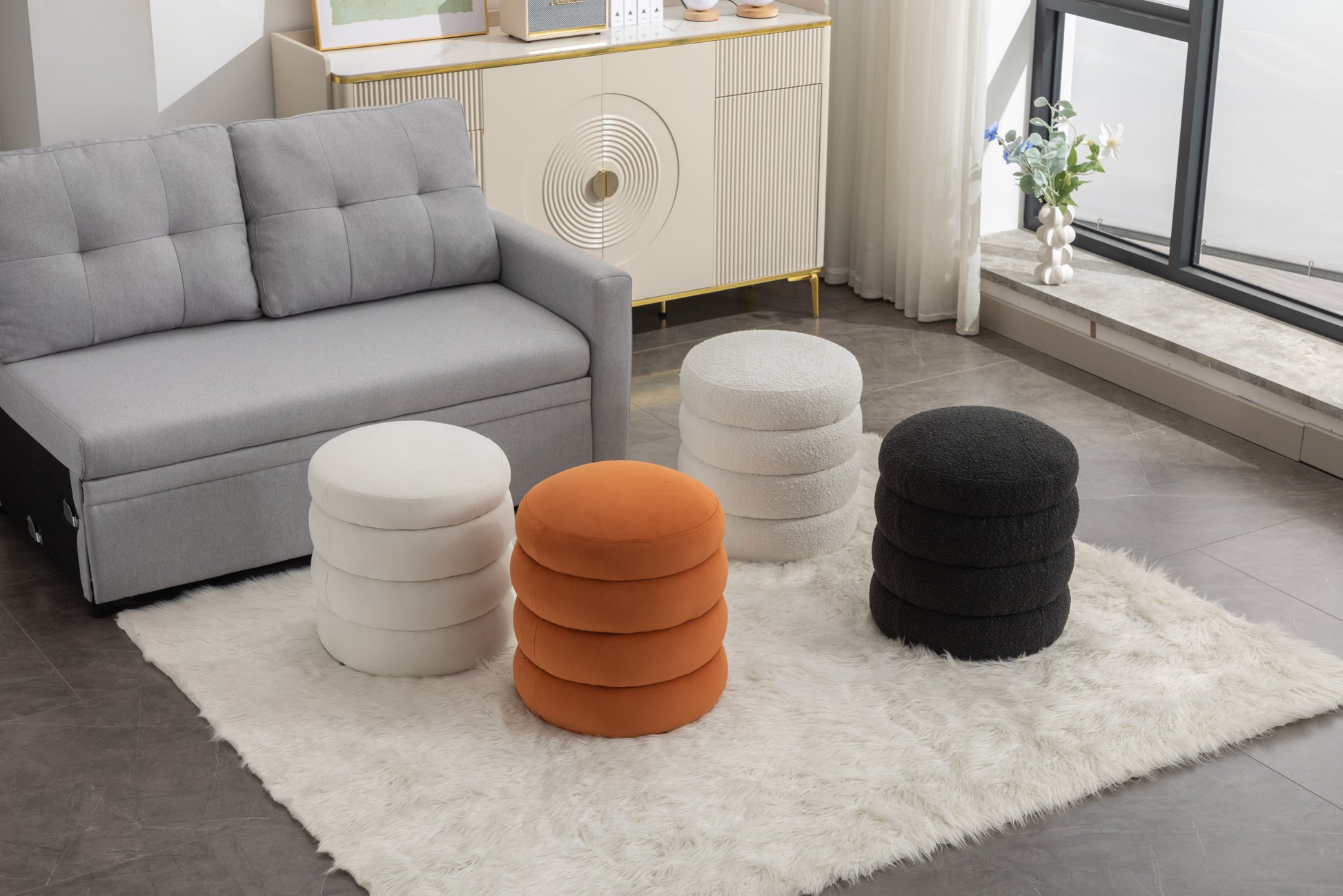 006 Soft Boucle Round Ottoman Footrest Stool,White White Boucle