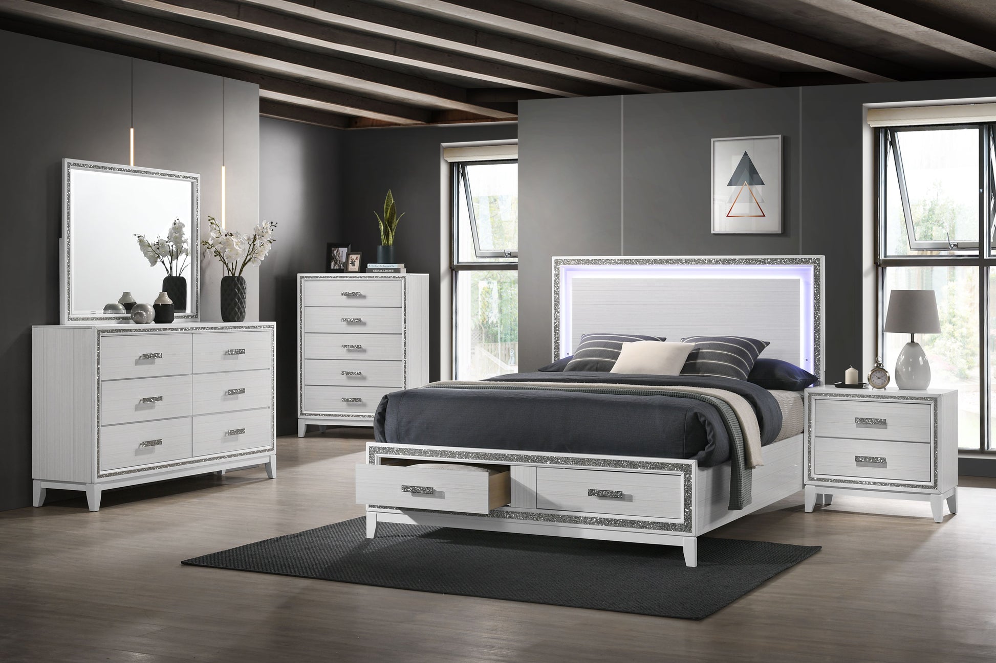 Haiden Eastern King Bed W Storage, Led & White Finish Bd01742Ek White Mdf