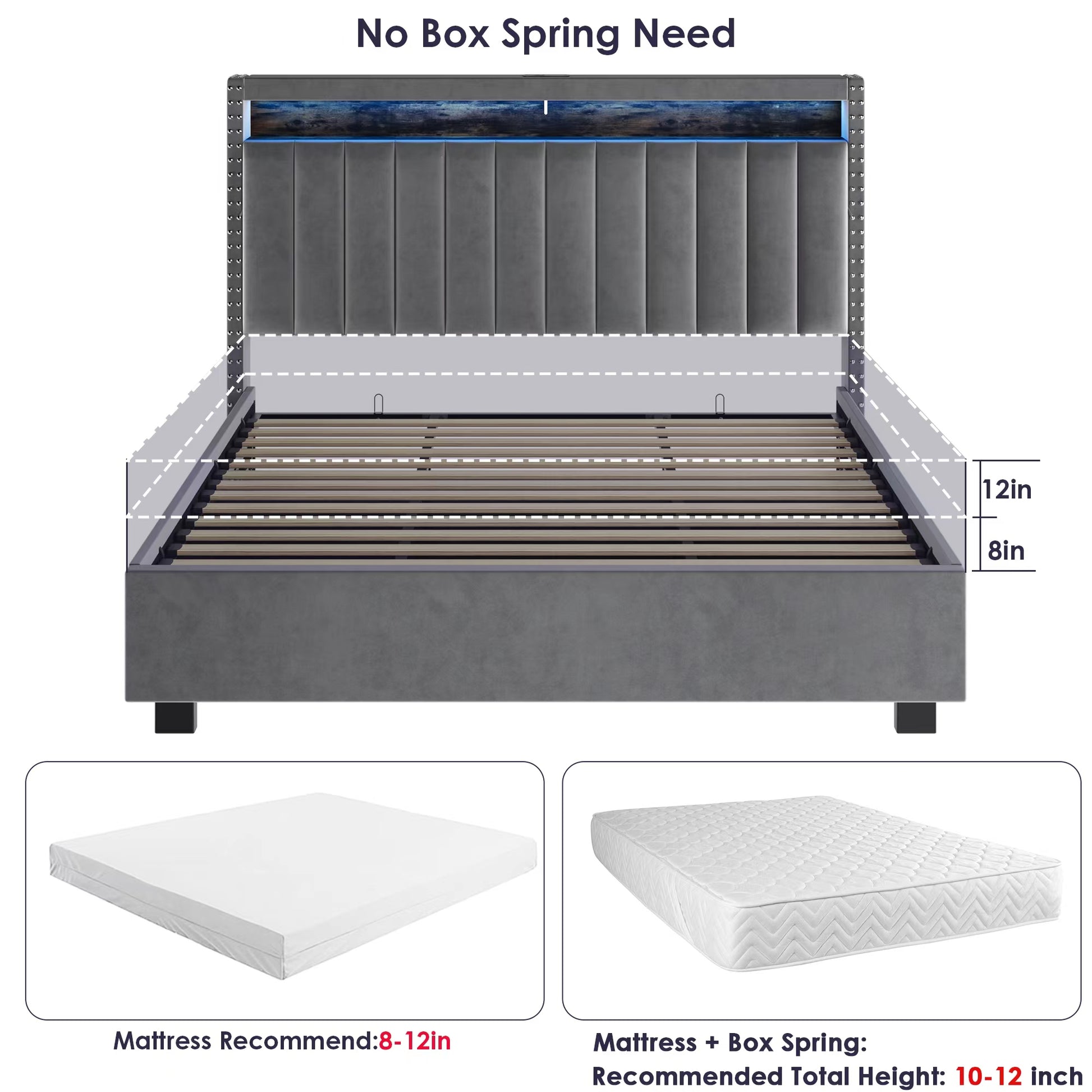 Luxury Gas Lift Storage Bed With Rf Led Lights, Storage Headboard ,Full Size ,Velvet Grey Box Spring Not Required Full Dark Grey Wood Brown Bedroom American Design Poplar Slat Beds Polyester Velvet Metal & Wood