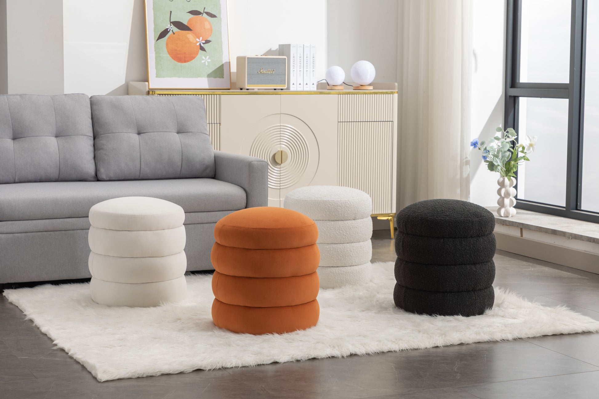 006 Soft Boucle Round Ottoman Footrest Stool,White White Boucle