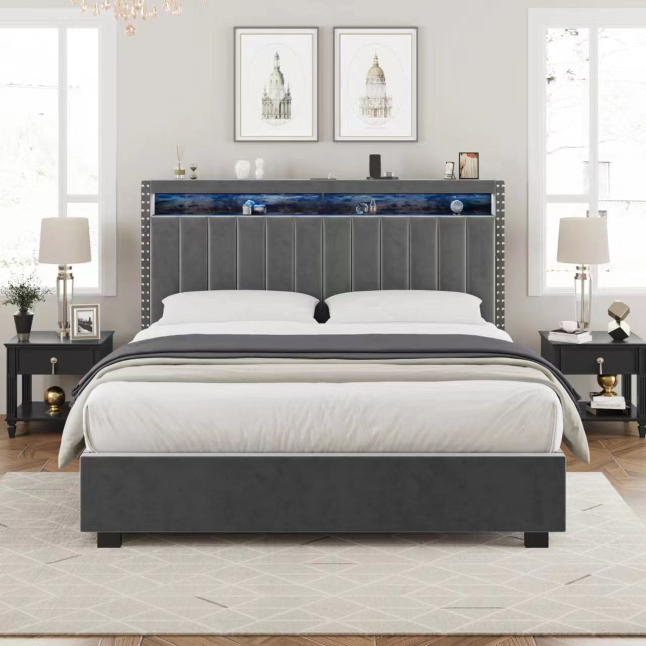 Luxury Gas Lift Storage Bed With Rf Led Lights, Storage Headboard ,King Size ,Velvet Grey Box Spring Not Required King Dark Gray Wood Brown Bedroom American Design Poplar Slat Beds Polyurethane Foam Velvet Metal & Wood