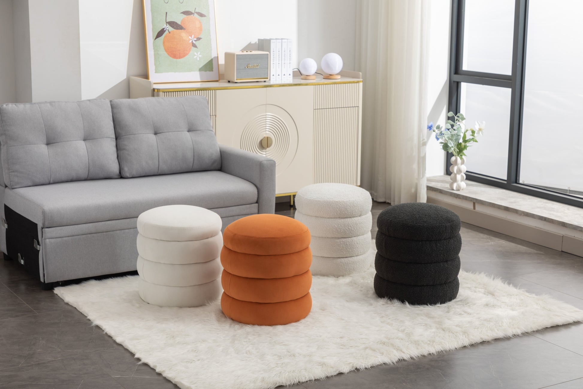 006 Soft Boucle Round Ottoman Footrest Stool,White White Boucle