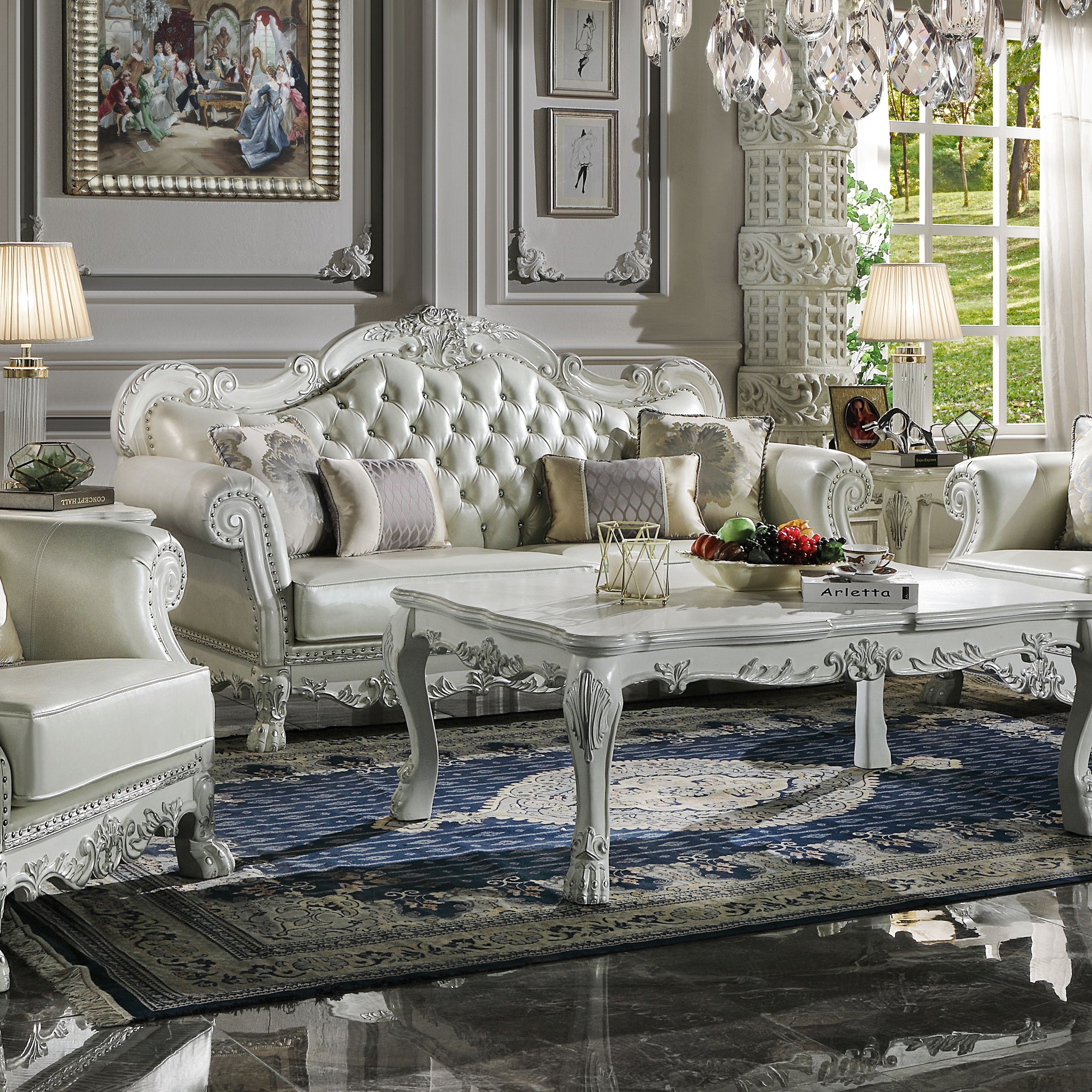Dresden Loveseat W 3 Pillows, Synthetic Leather & Bone White Finish Lv01689 White Pu Leather