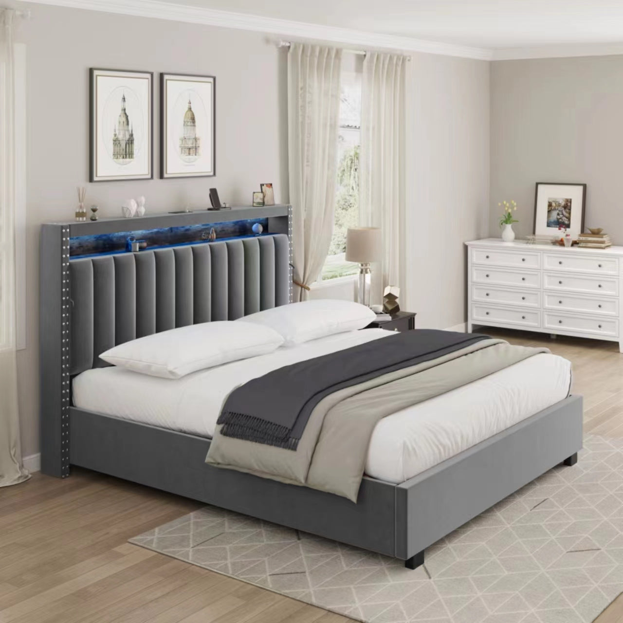 Luxury Gas Lift Storage Bed With Rf Led Lights, Storage Headboard ,King Size ,Velvet Grey Box Spring Not Required King Dark Gray Wood Brown Bedroom American Design Poplar Slat Beds Polyurethane Foam Velvet Metal & Wood