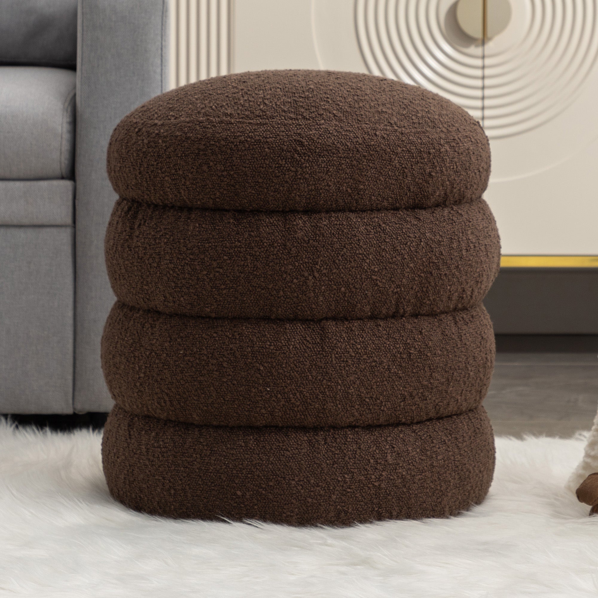 006 Soft Boucle Round Ottoman Footrest Stool,Brown Brown Boucle