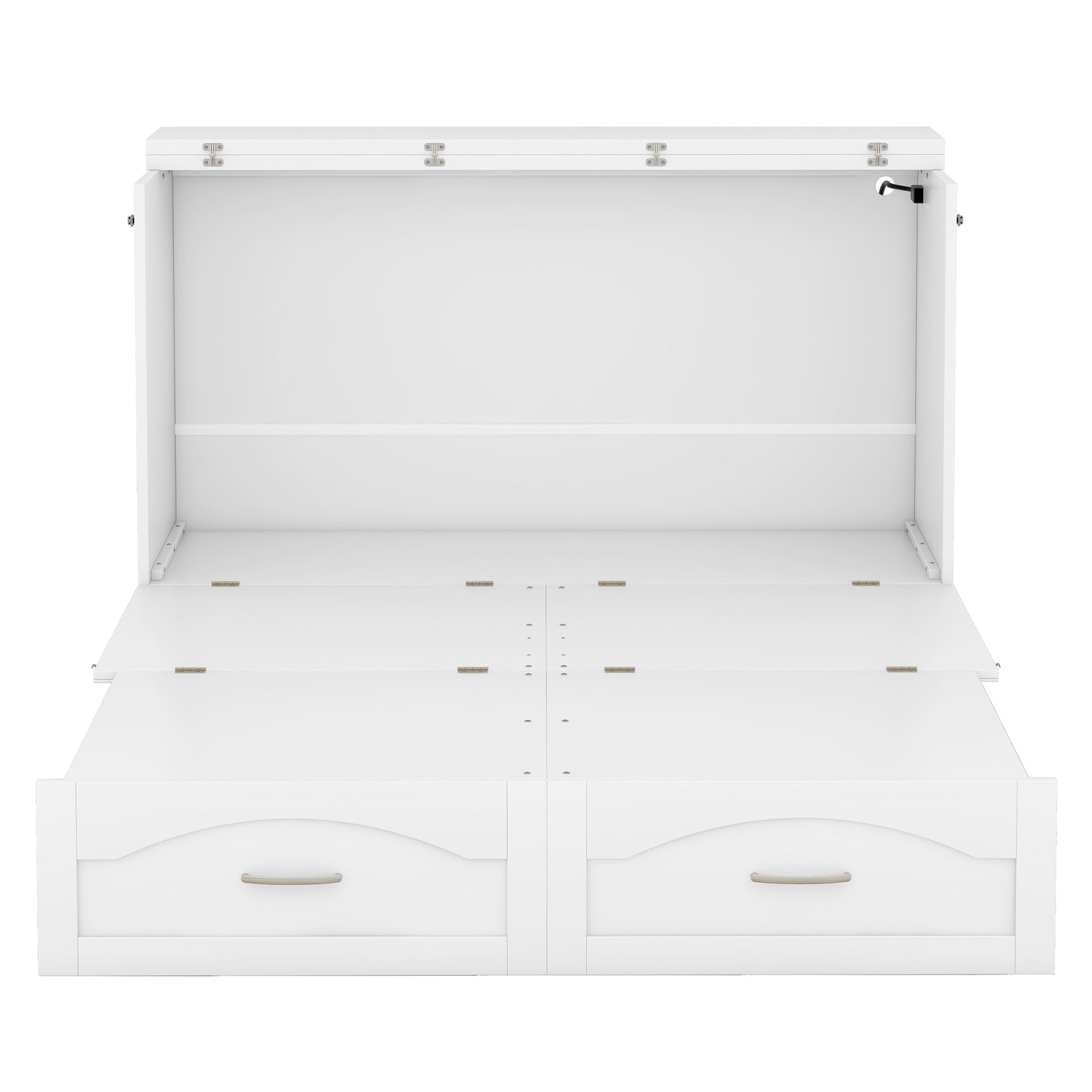 Full Size Murphy Bed Wall Bed With Drawer And A Set Of Sockets & Usb Ports, Pulley Structure Design, White White Solid Wood Mdf