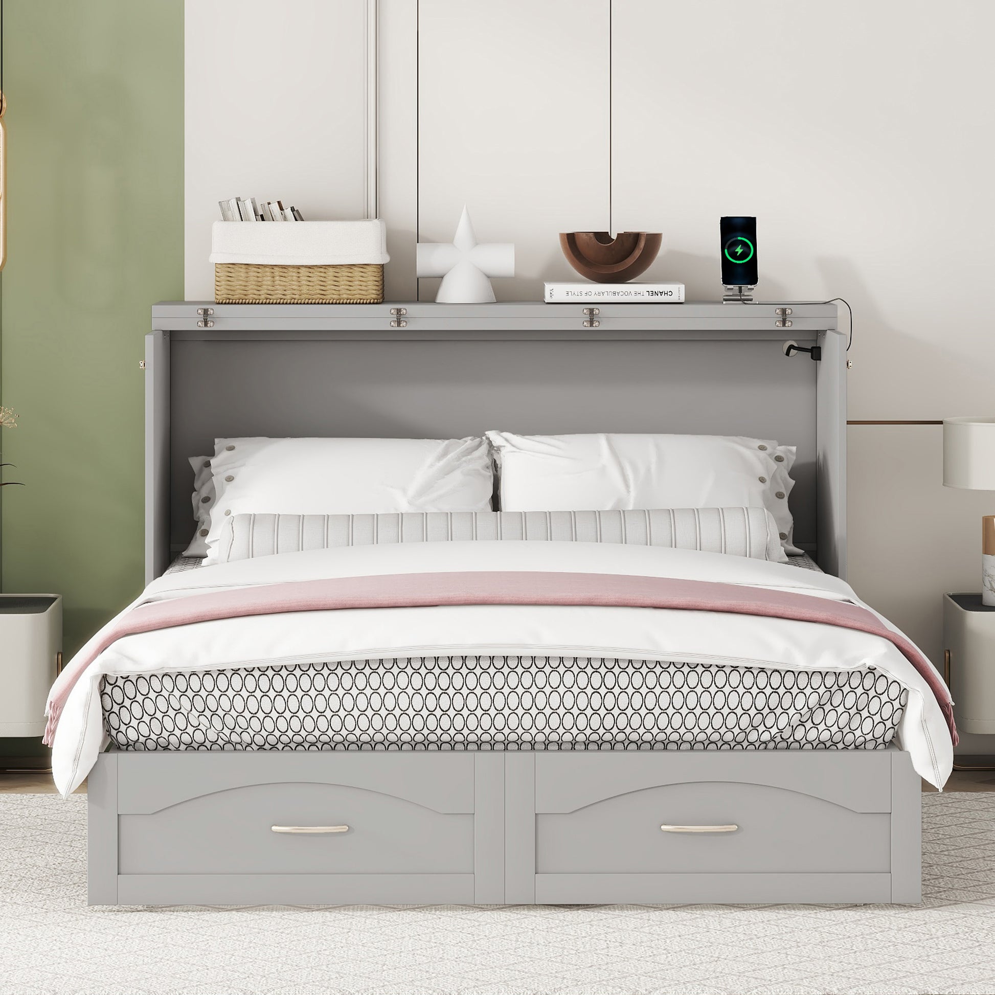 Queen Size Murphy Bed Wall Bed With Drawer And A Set Of Sockets & Usb Ports, Pulley Structure Design, Gray Gray Solid Wood Mdf