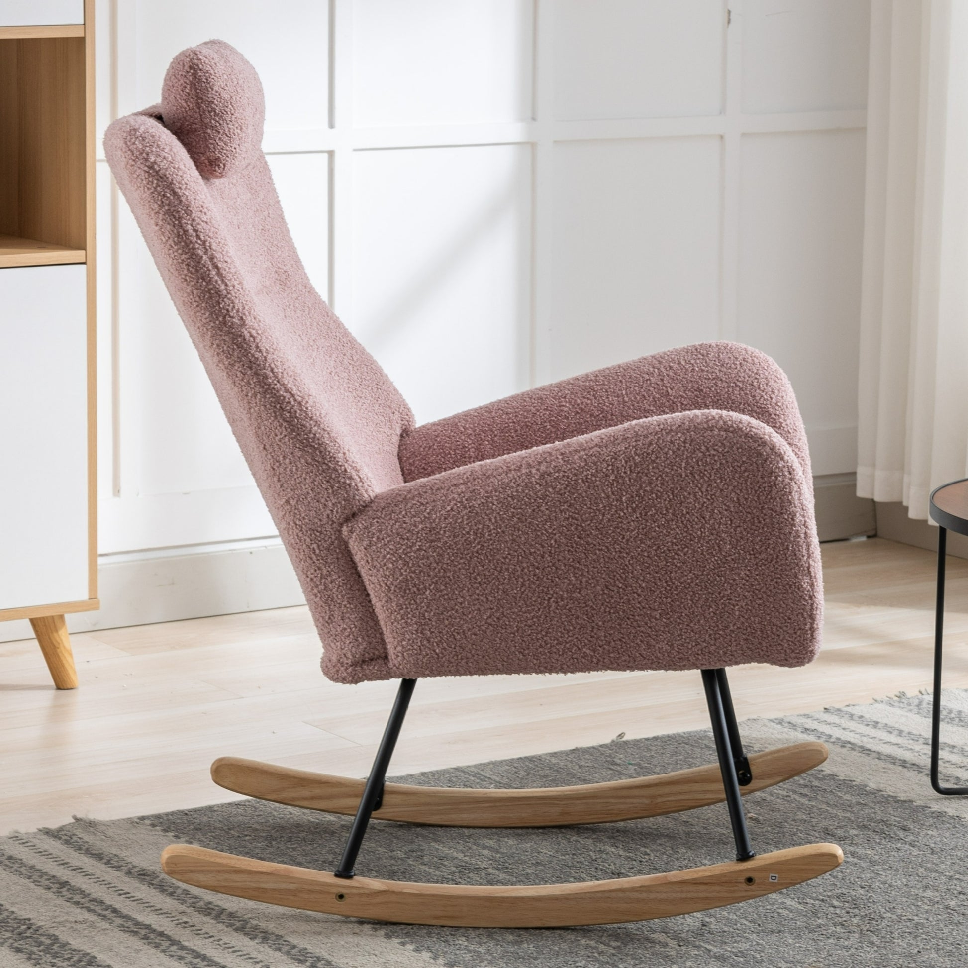 35.5 Inch Rocking Chair With Pocket, Soft Teddy Fabric Rocking Chair For Nursery, Comfy Wingback Glider Rocker With Safe Solid Wood Base For Living Room Bedroom Balcony Pink Pink Casual Foam Teddy