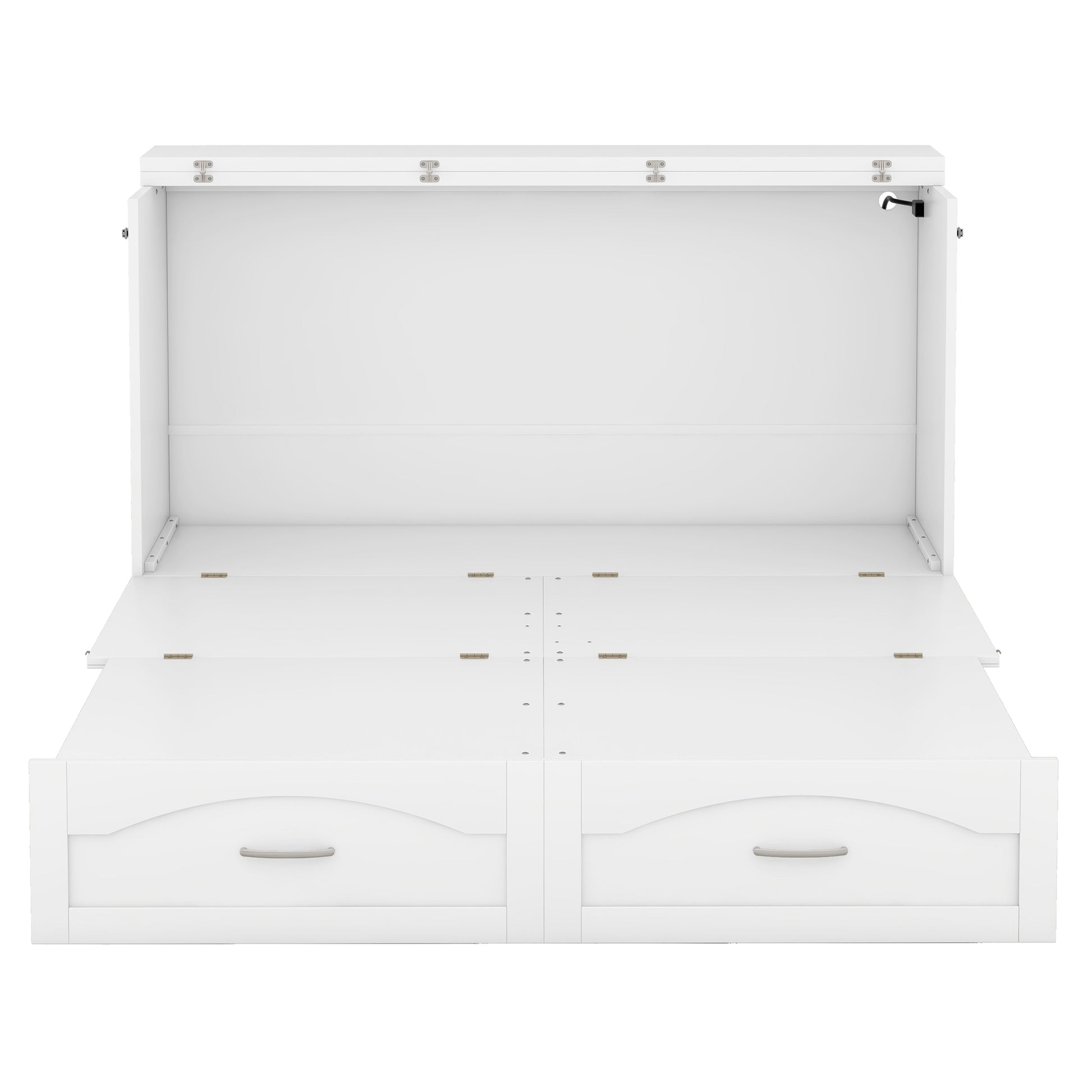 Queen Size Murphy Bed Wall Bed With Drawer And A Set Of Sockets & Usb Ports, Pulley Structure Design, White White Solid Wood Mdf