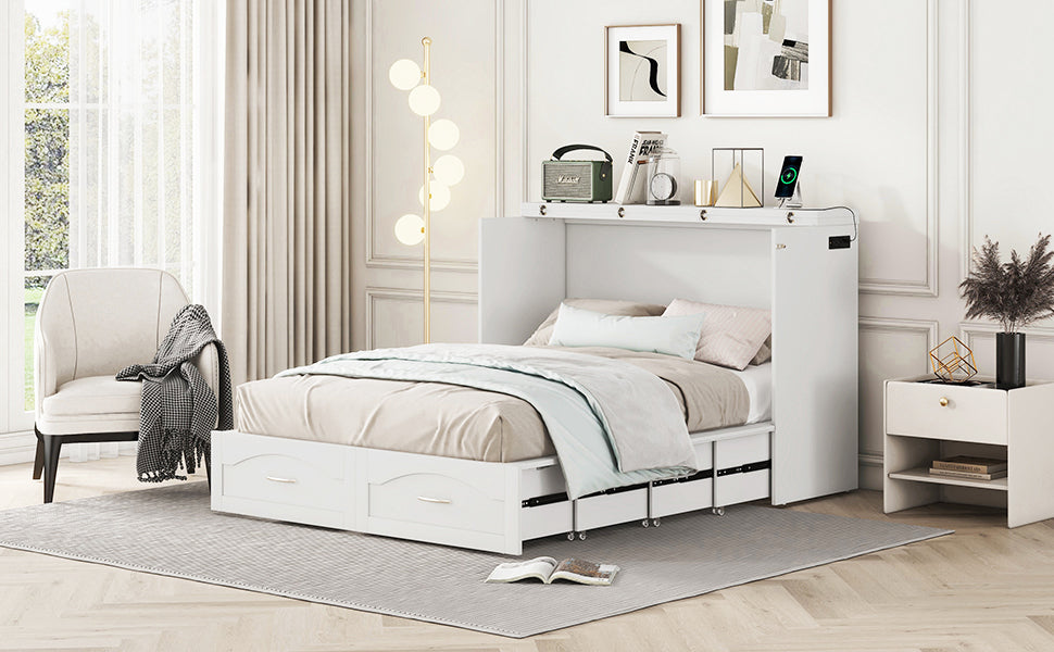 Full Size Murphy Bed Wall Bed With Drawer And A Set Of Sockets & Usb Ports, Pulley Structure Design, White White Solid Wood Mdf