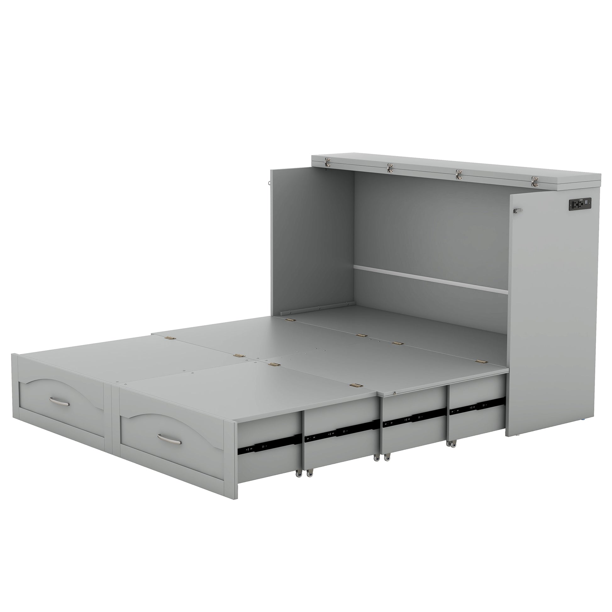 Queen Size Murphy Bed Wall Bed With Drawer And A Set Of Sockets & Usb Ports, Pulley Structure Design, Gray Gray Solid Wood Mdf