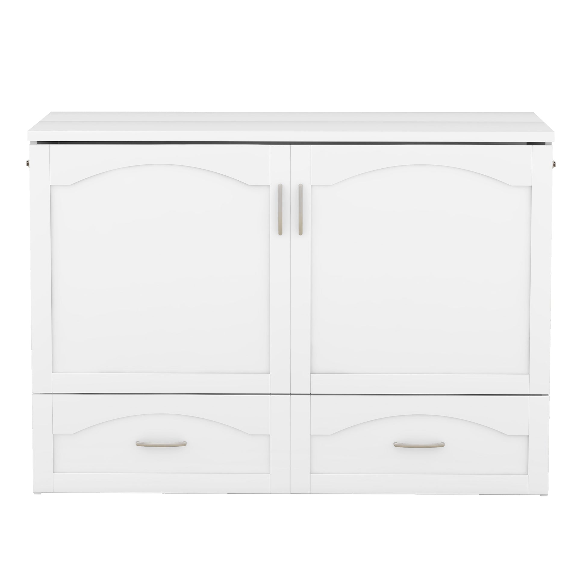 Full Size Murphy Bed Wall Bed With Drawer And A Set Of Sockets & Usb Ports, Pulley Structure Design, White White Solid Wood Mdf