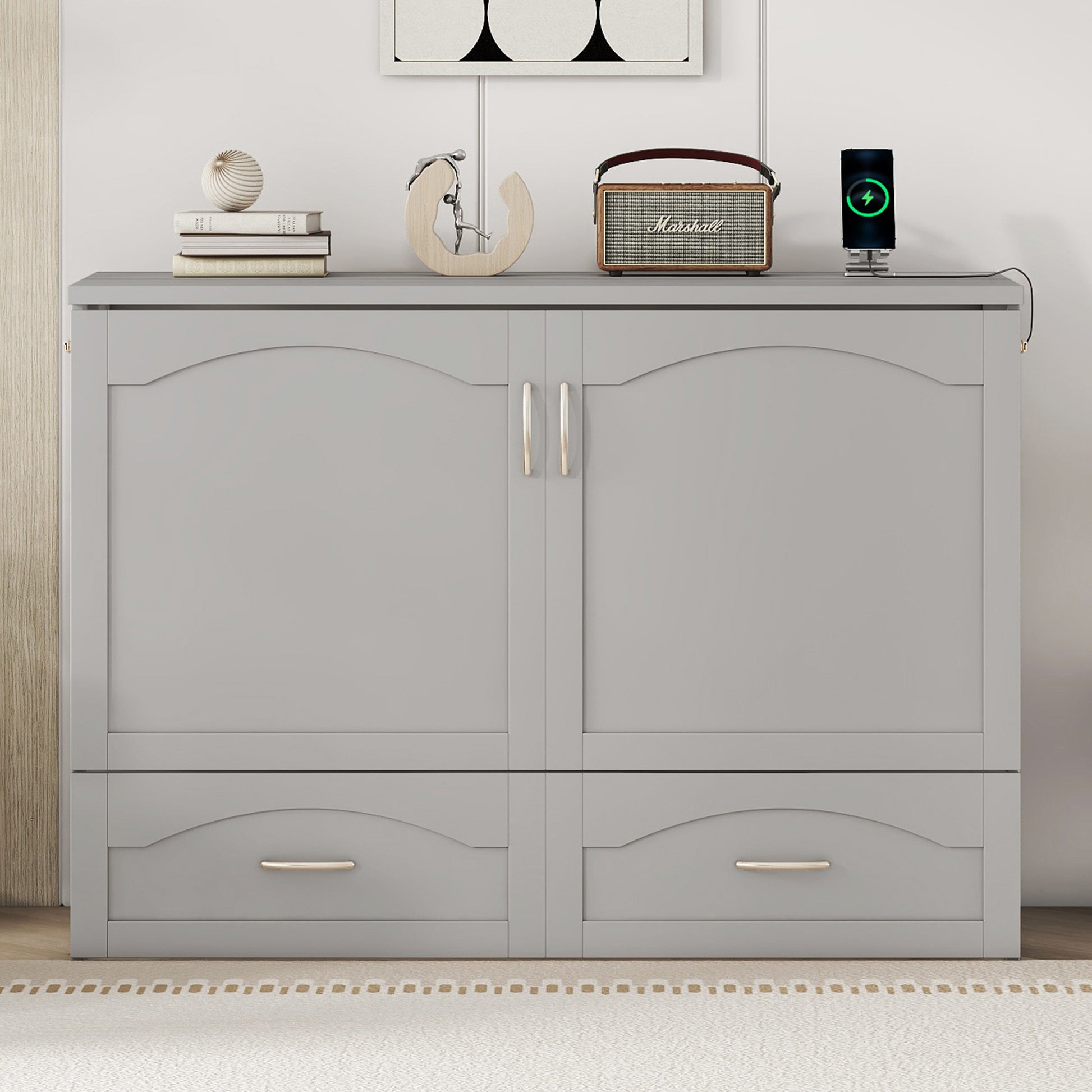 Full Size Murphy Bed Wall Bed With Drawer And A Set Of Sockets & Usb Ports, Pulley Structure Design, Gray Gray Solid Wood Mdf