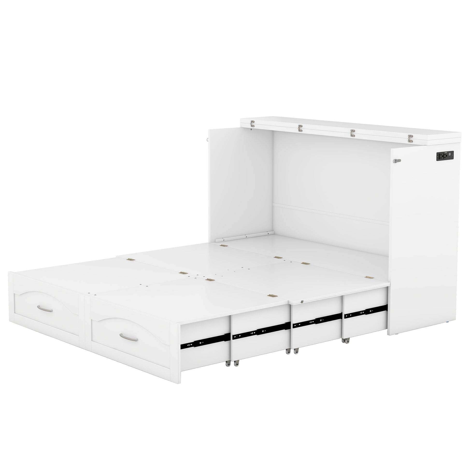 Queen Size Murphy Bed Wall Bed With Drawer And A Set Of Sockets & Usb Ports, Pulley Structure Design, White White Solid Wood Mdf