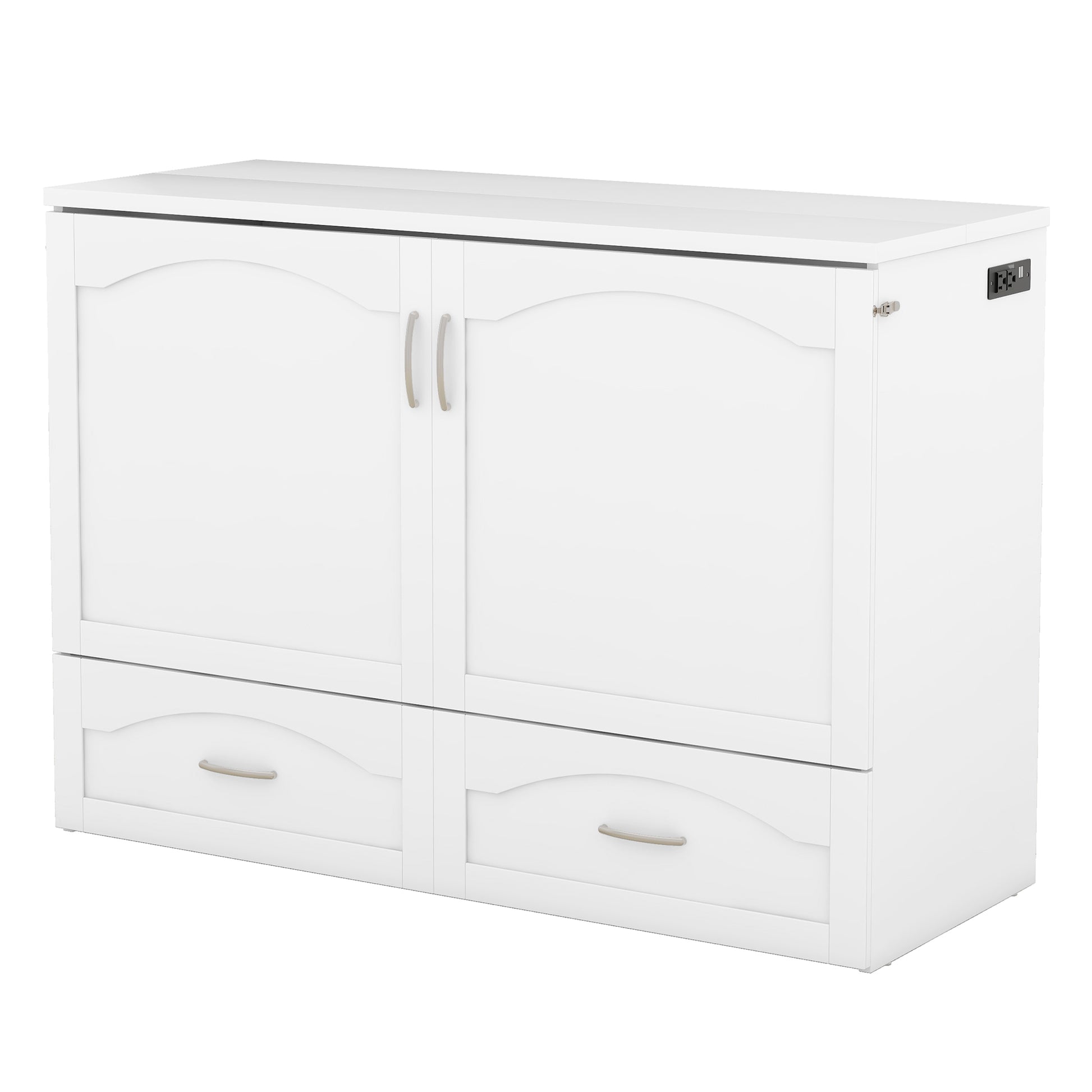 Full Size Murphy Bed Wall Bed With Drawer And A Set Of Sockets & Usb Ports, Pulley Structure Design, White White Solid Wood Mdf