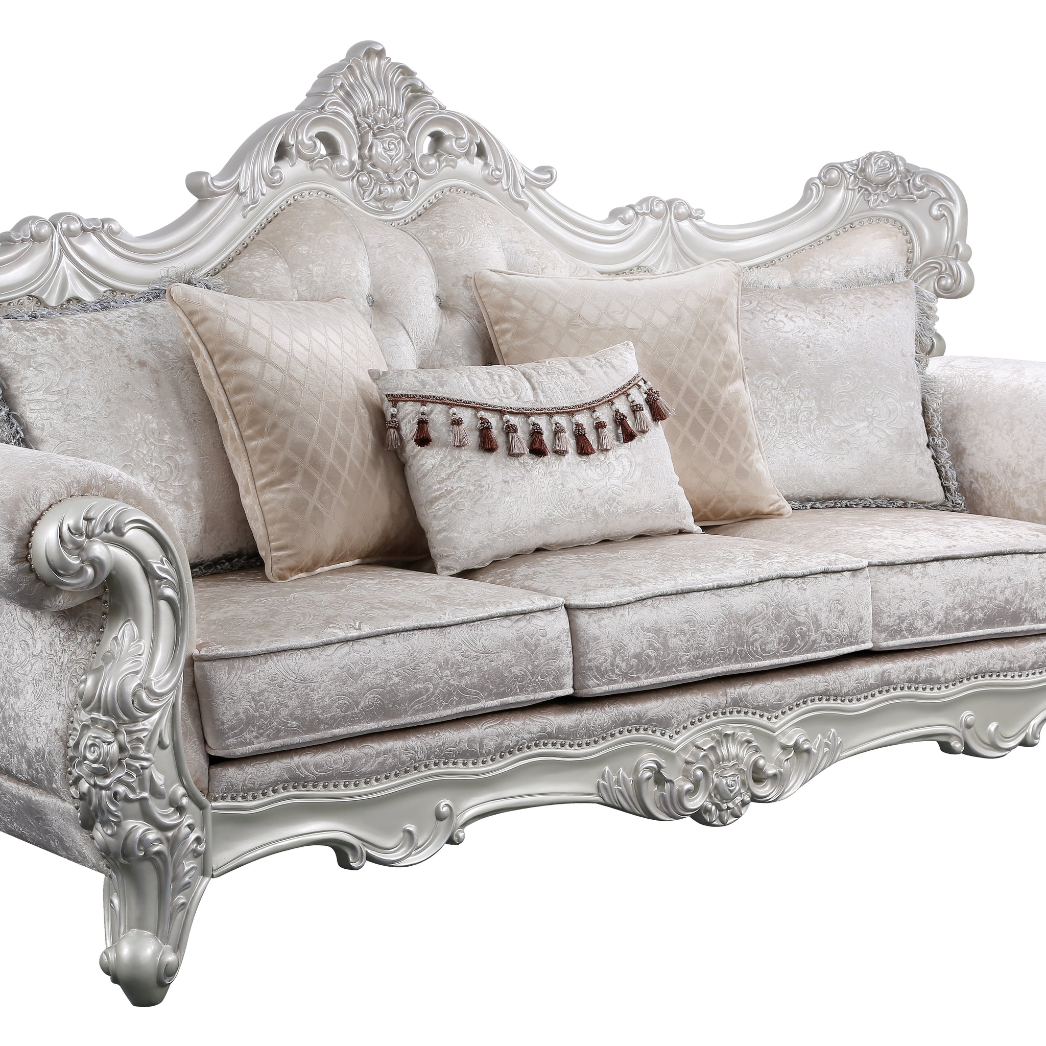 Melrose Traditional Style Sofa In Champagne And Silver Brush Finish Made With Wood Silver Chenille Wood Primary Living Space Tufted Back Traditional Solid Wood Mdf Wood 3 Seat