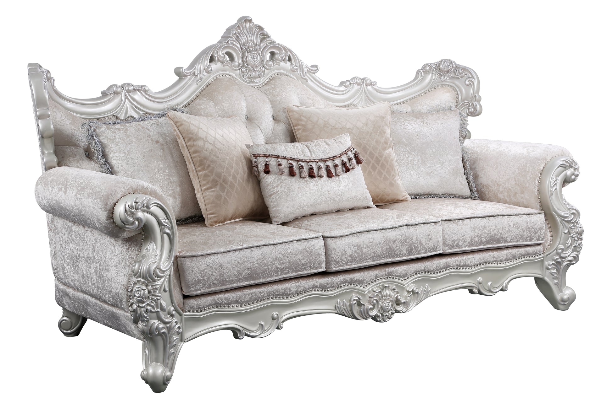 Melrose Traditional Style Sofa In Champagne And Silver Brush Finish Made With Wood Silver Chenille Wood Primary Living Space Tufted Back Traditional Solid Wood Mdf Wood 3 Seat