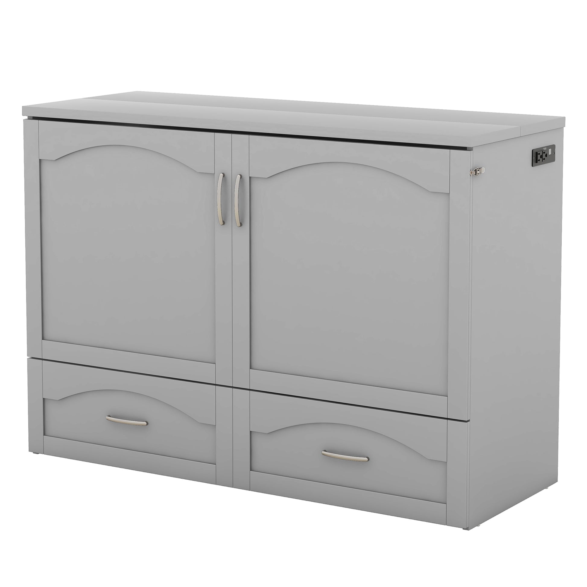 Full Size Murphy Bed Wall Bed With Drawer And A Set Of Sockets & Usb Ports, Pulley Structure Design, Gray Gray Solid Wood Mdf