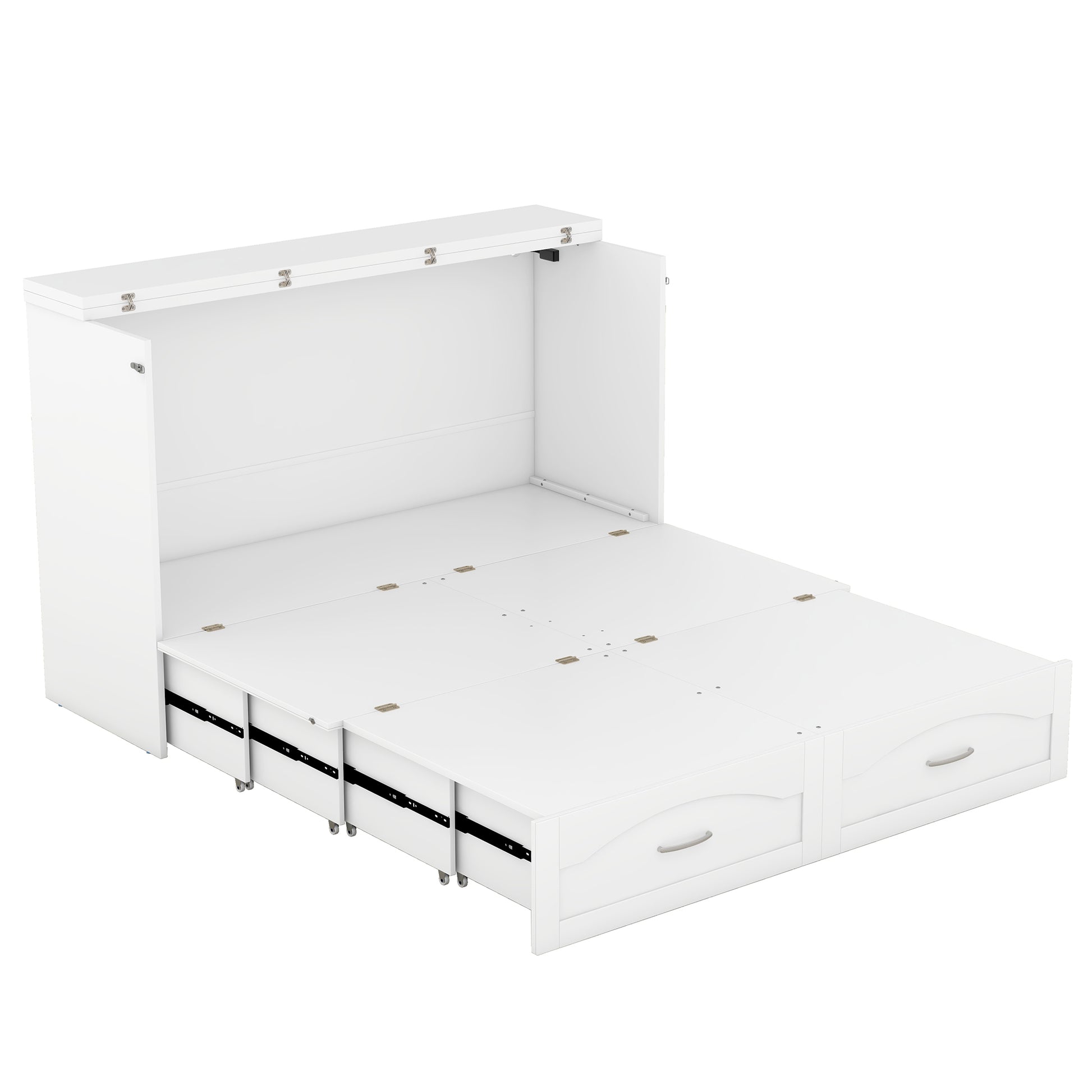 Queen Size Murphy Bed Wall Bed With Drawer And A Set Of Sockets & Usb Ports, Pulley Structure Design, White White Solid Wood Mdf