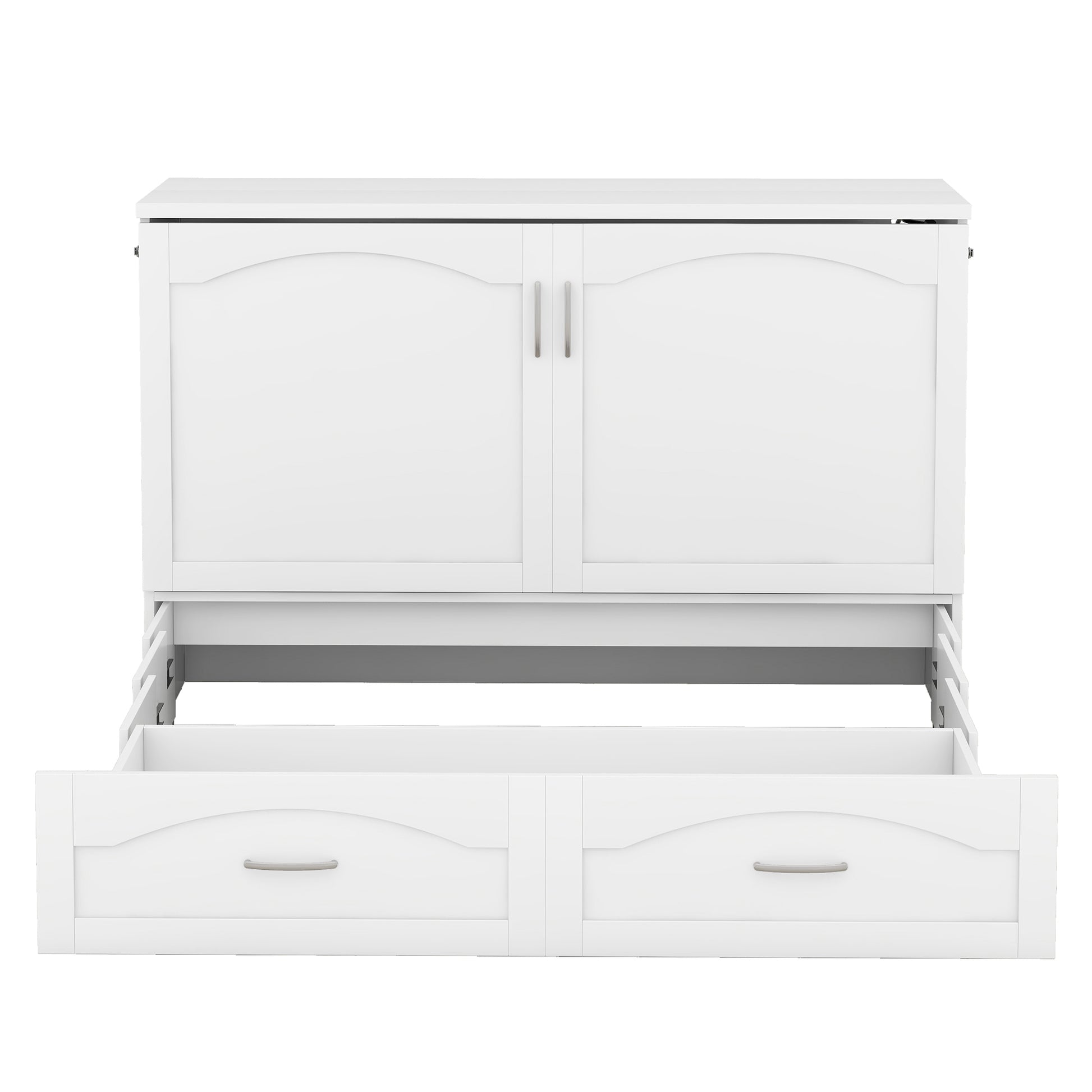 Queen Size Murphy Bed Wall Bed With Drawer And A Set Of Sockets & Usb Ports, Pulley Structure Design, White White Solid Wood Mdf