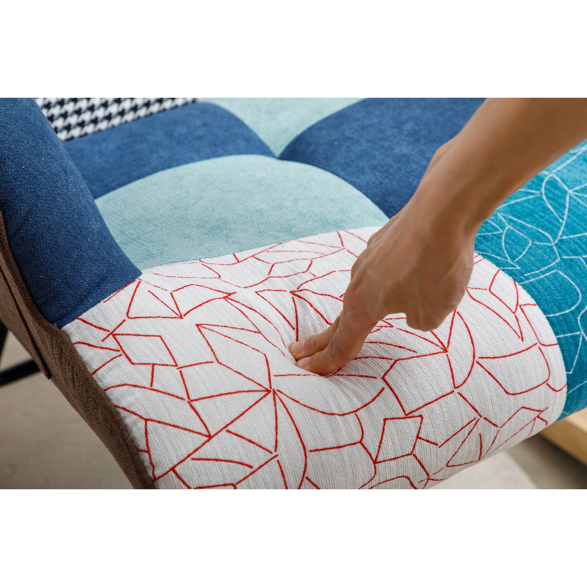 Modern Patchwork Accent Chair With Solid Wood Armrest And Feet, Mid Century Modern Accent Sofa, Fabric Sofa Chair For Living Room Bedroom Studio, Comfy Side Armchair For Bed Blue Antique Blue Foam Cotton Linen