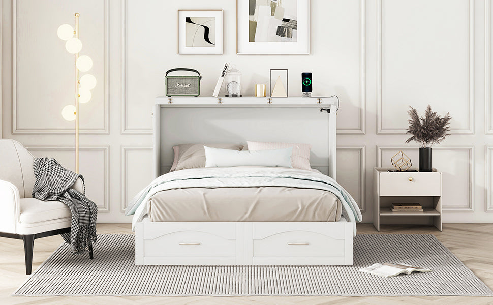 Full Size Murphy Bed Wall Bed With Drawer And A Set Of Sockets & Usb Ports, Pulley Structure Design, White White Solid Wood Mdf