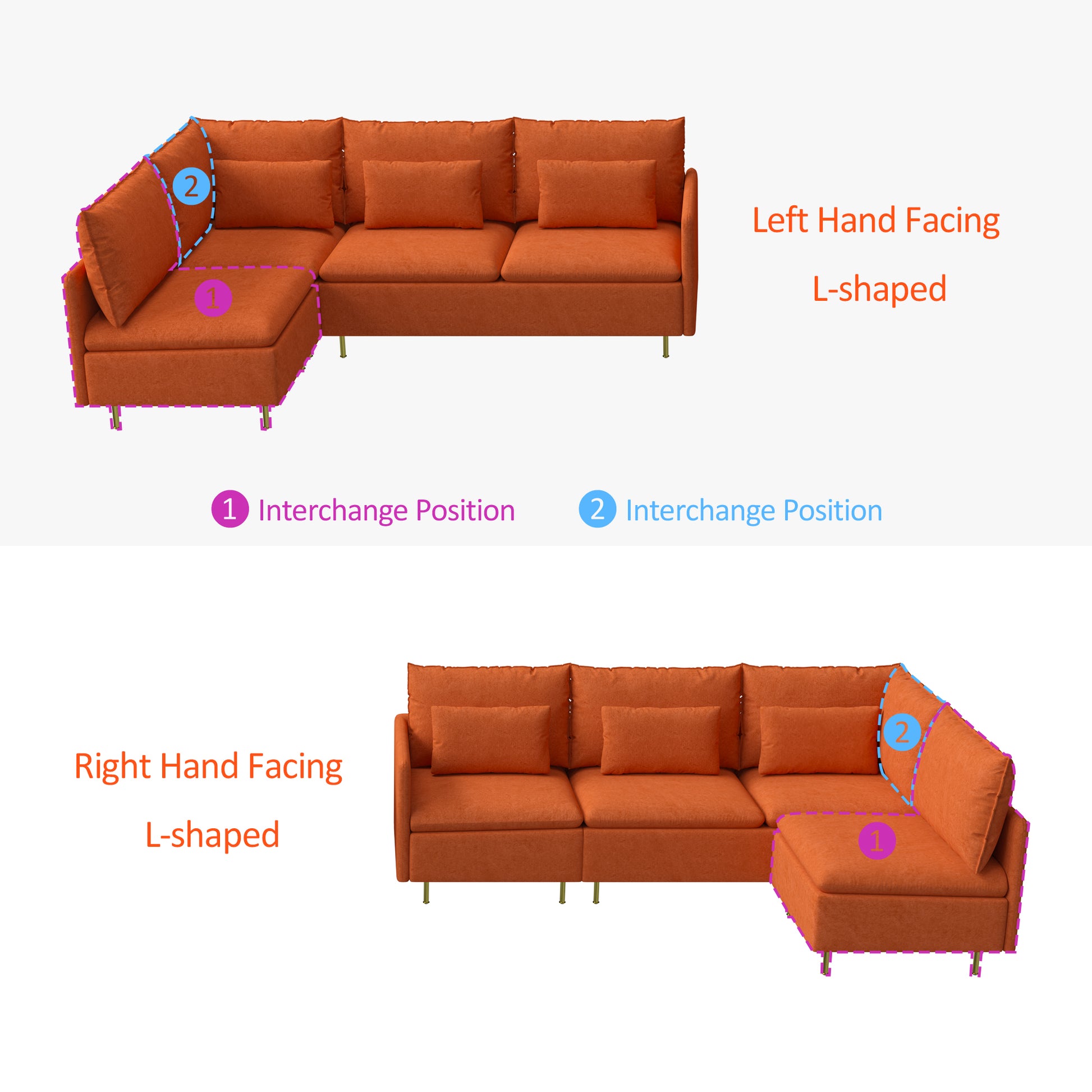 Modular L Shaped Corner Sofa ,Left Hand Facing Sectional Couch,Orange Cotton Linen 90.9'' Orange Foam Cotton Linen 3 Seat