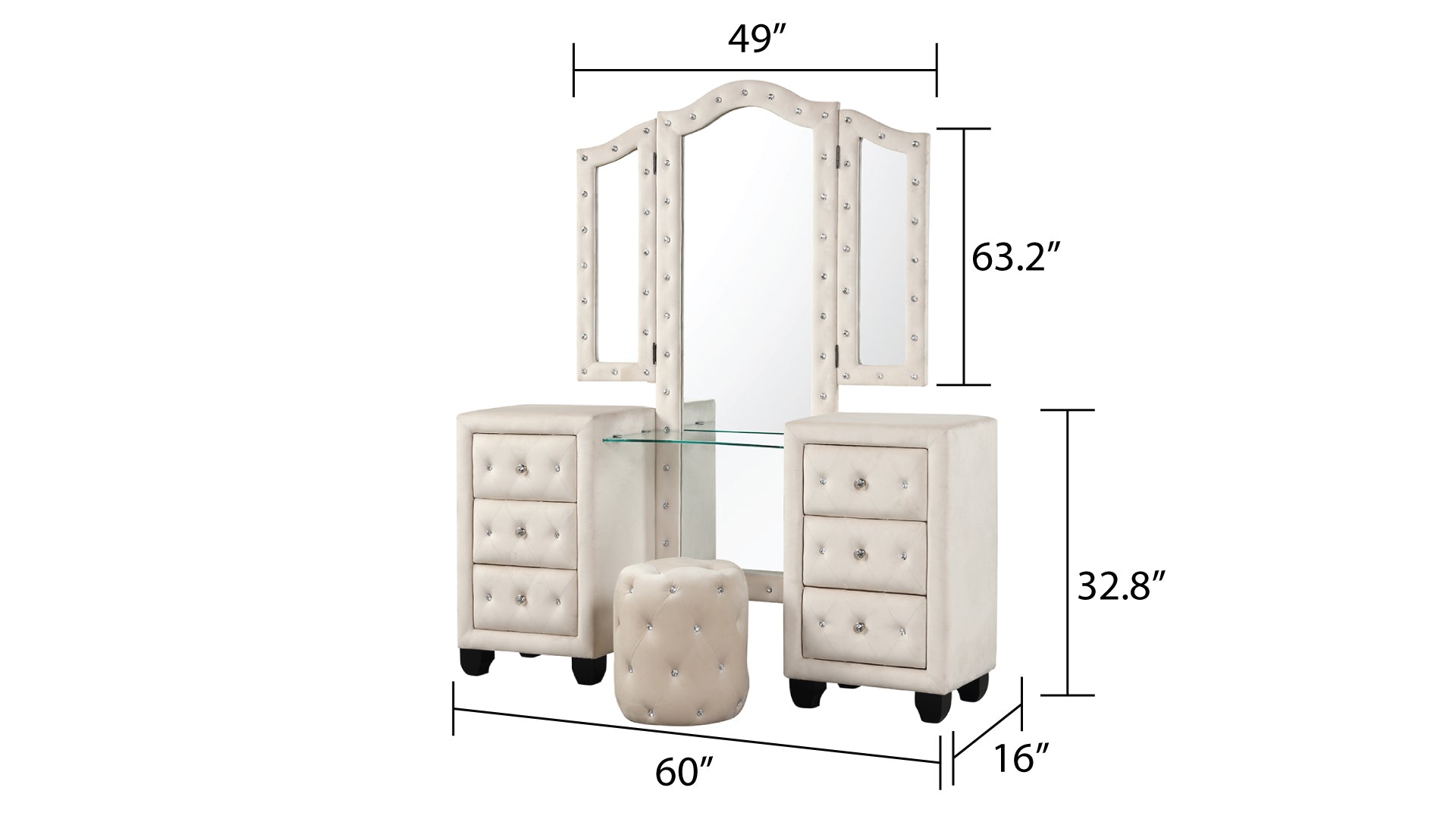 Sophia Crystal Tufted King 4 Pc Vanity Bedroom Set Made With Wood In Cream Box Spring Not Required King Cream Wood 4 Piece Set Bedroom Contemporary,Modern Upholstered Velvet Tufted Wood