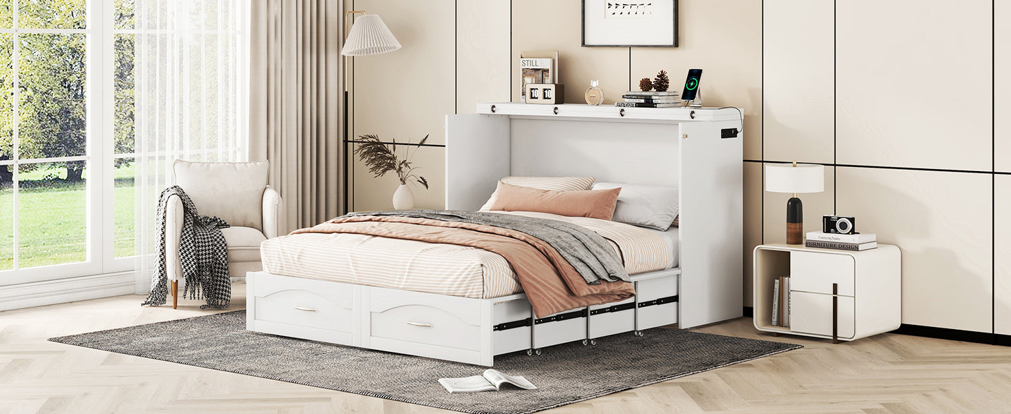 Queen Size Murphy Bed Wall Bed With Drawer And A Set Of Sockets & Usb Ports, Pulley Structure Design, White White Solid Wood Mdf