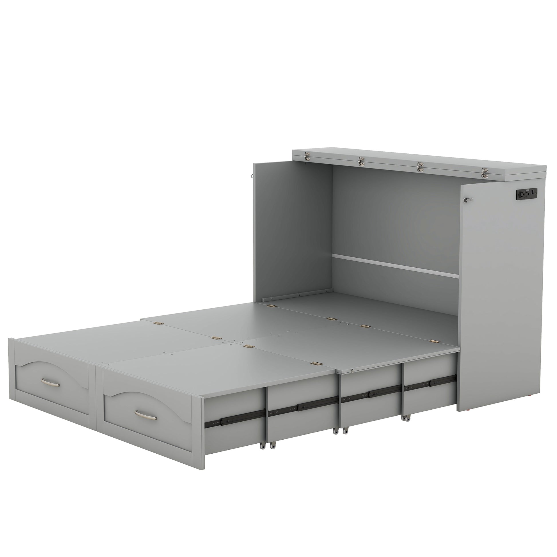 Full Size Murphy Bed Wall Bed With Drawer And A Set Of Sockets & Usb Ports, Pulley Structure Design, Gray Gray Solid Wood Mdf