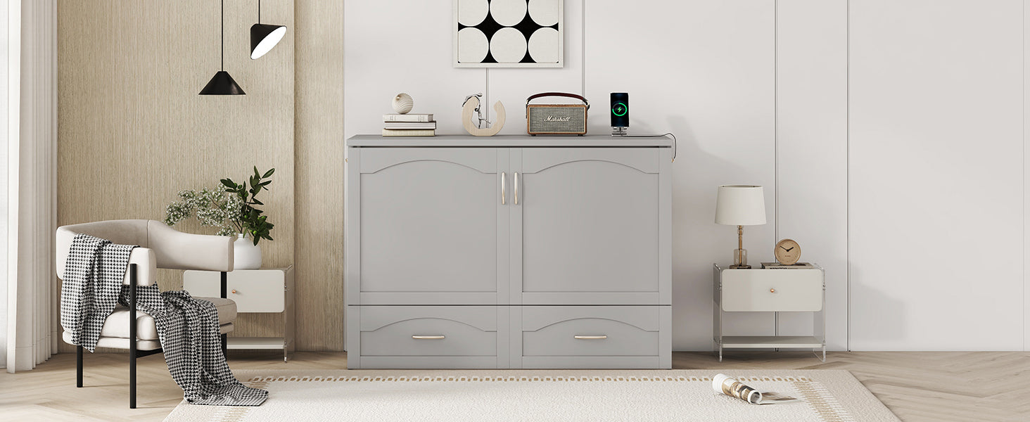 Full Size Murphy Bed Wall Bed With Drawer And A Set Of Sockets & Usb Ports, Pulley Structure Design, Gray Gray Solid Wood Mdf