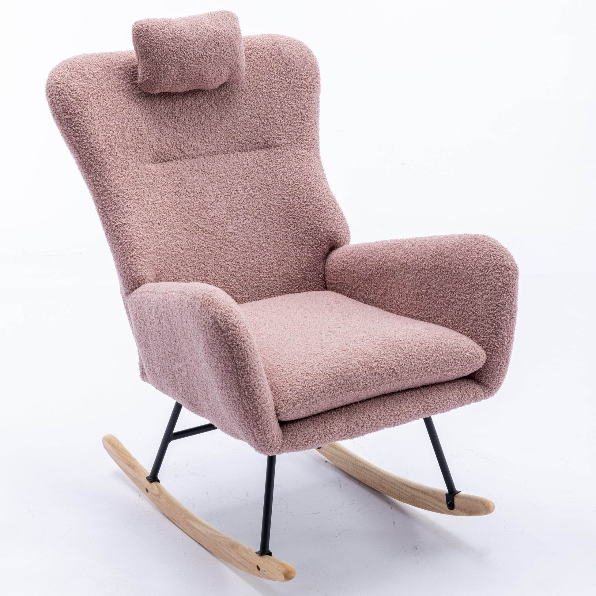 35.5 Inch Rocking Chair With Pocket, Soft Teddy Fabric Rocking Chair For Nursery, Comfy Wingback Glider Rocker With Safe Solid Wood Base For Living Room Bedroom Balcony Pink Pink Casual Foam Teddy