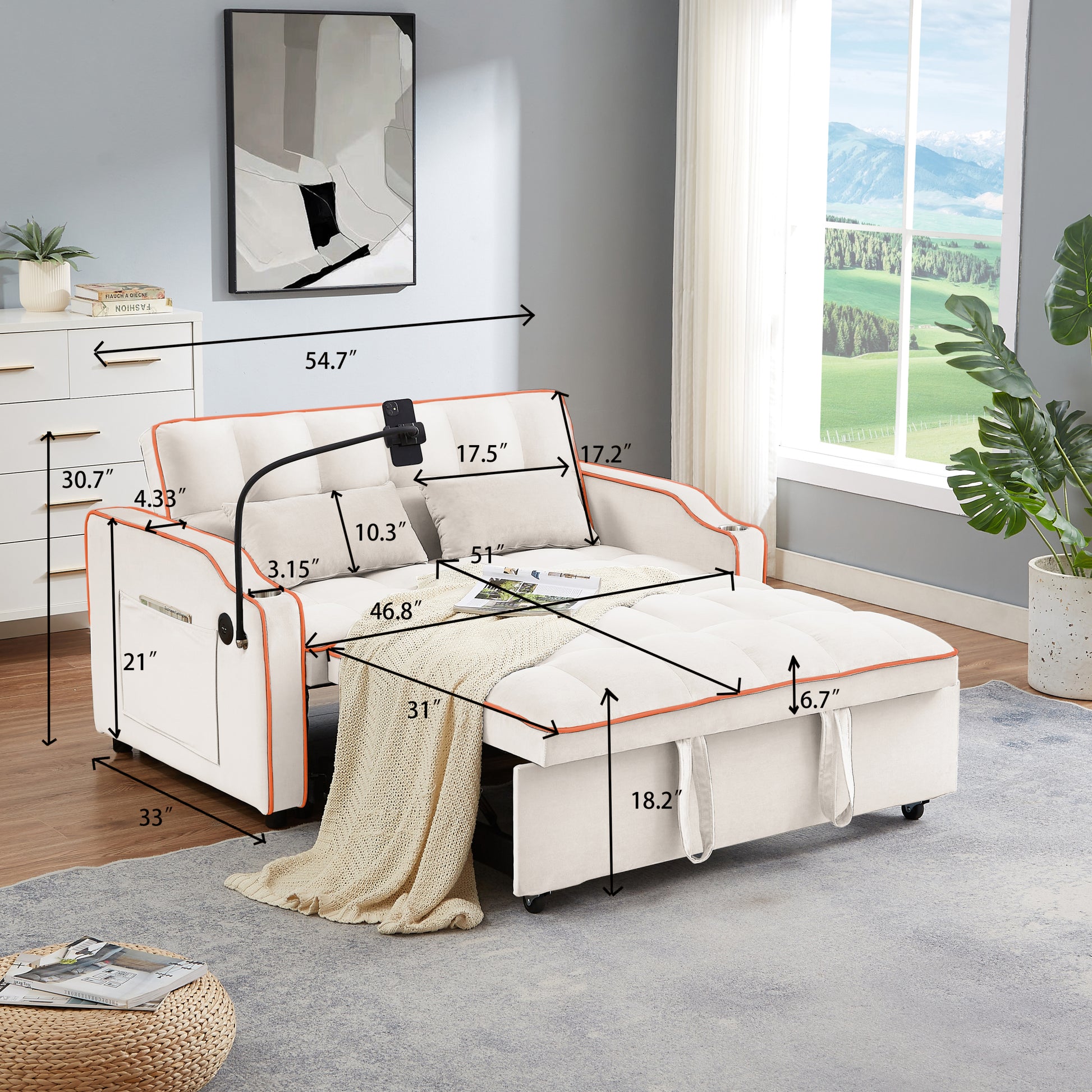 1 Versatile Foldable Sofa Bed In 3 Lengths, Modern Sofa Sofa Sofa Velvet Pull Out Bed, Adjustable Back And With Usb Port And Ashtray And Swivel Phone Stand Beige Beige Eucalyptus Solid Wood Mdf Resin