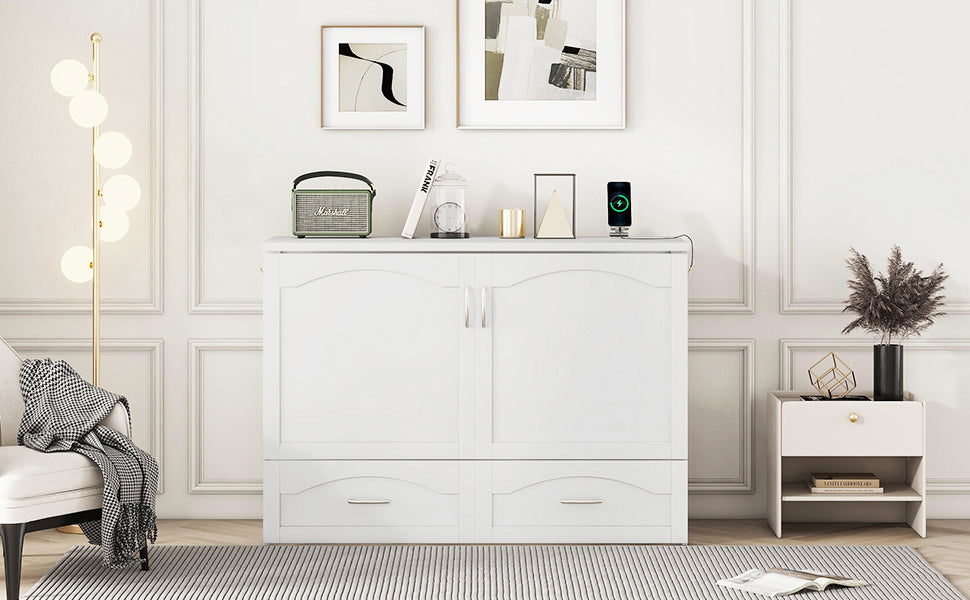 Full Size Murphy Bed Wall Bed With Drawer And A Set Of Sockets & Usb Ports, Pulley Structure Design, White White Solid Wood Mdf