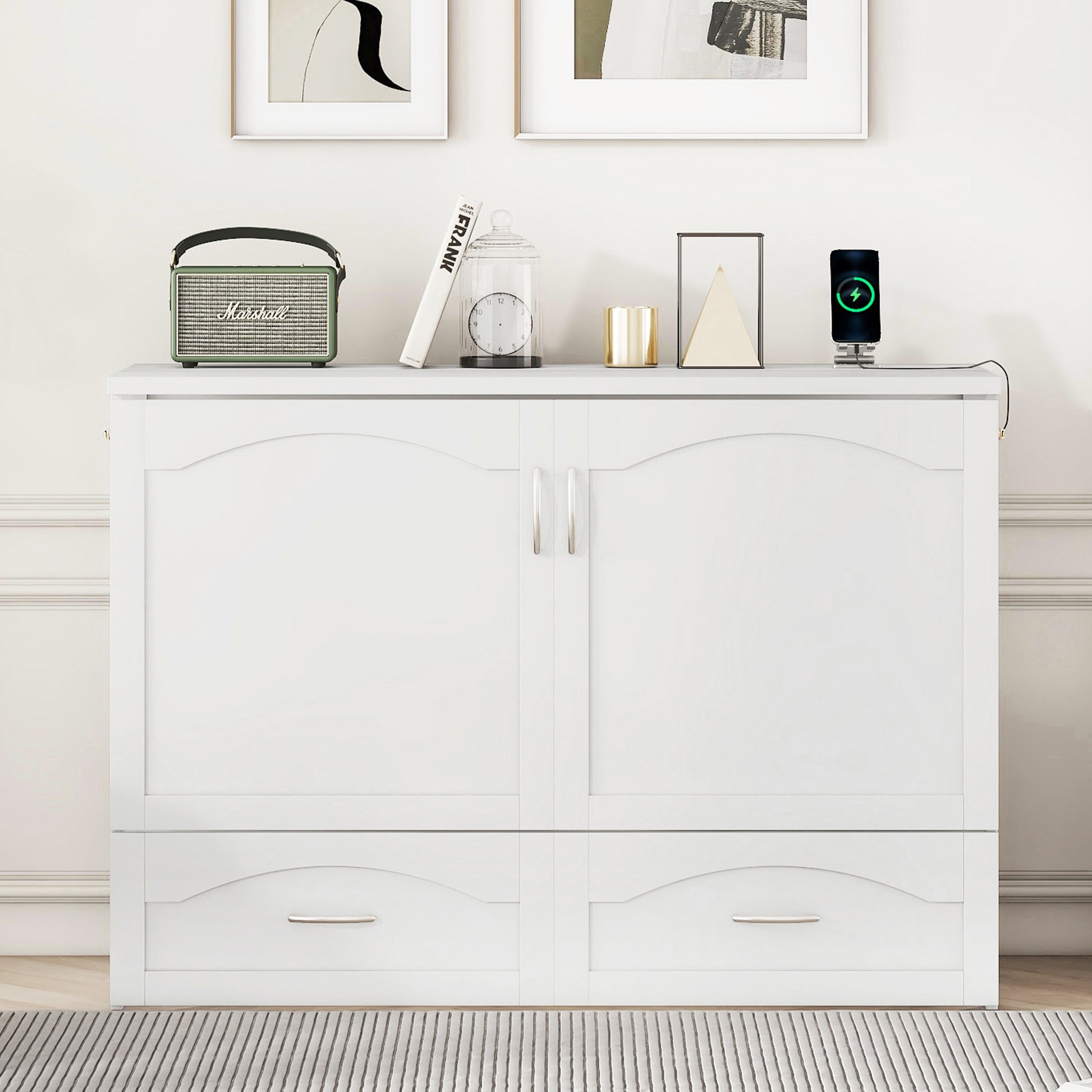 Full Size Murphy Bed Wall Bed With Drawer And A Set Of Sockets & Usb Ports, Pulley Structure Design, White White Solid Wood Mdf