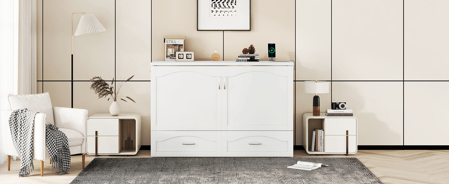 Queen Size Murphy Bed Wall Bed With Drawer And A Set Of Sockets & Usb Ports, Pulley Structure Design, White White Solid Wood Mdf