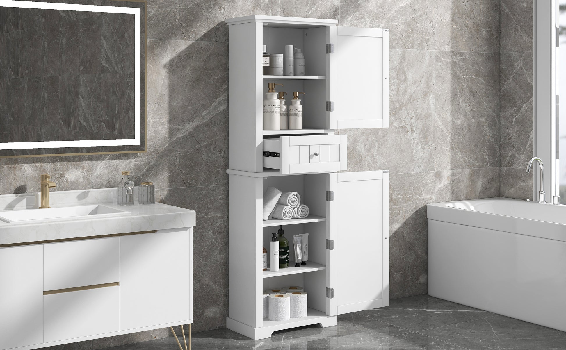 Tall Bathroom Storage Cabinet, Freestanding Storage Cabinet With Drawer And Adjustable Shelf, Mdf Board With Painted Finish, White Old Sku:Wf312727Aak White Mdf