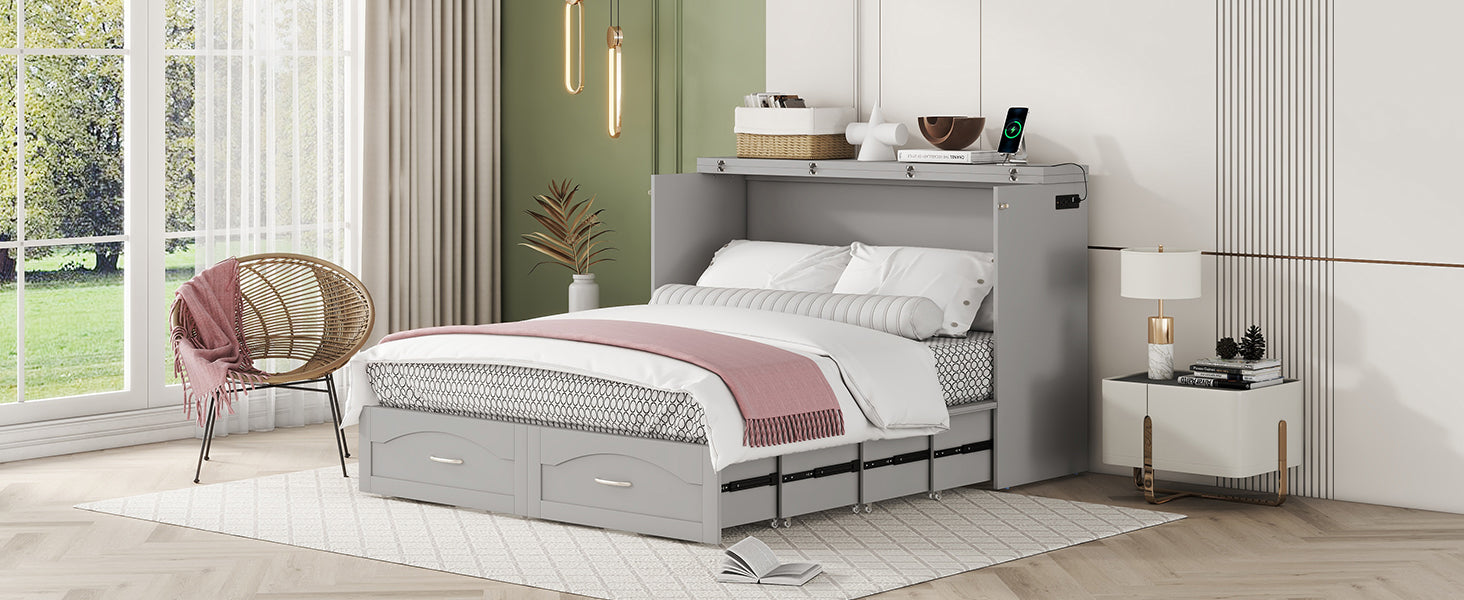 Queen Size Murphy Bed Wall Bed With Drawer And A Set Of Sockets & Usb Ports, Pulley Structure Design, Gray Gray Solid Wood Mdf