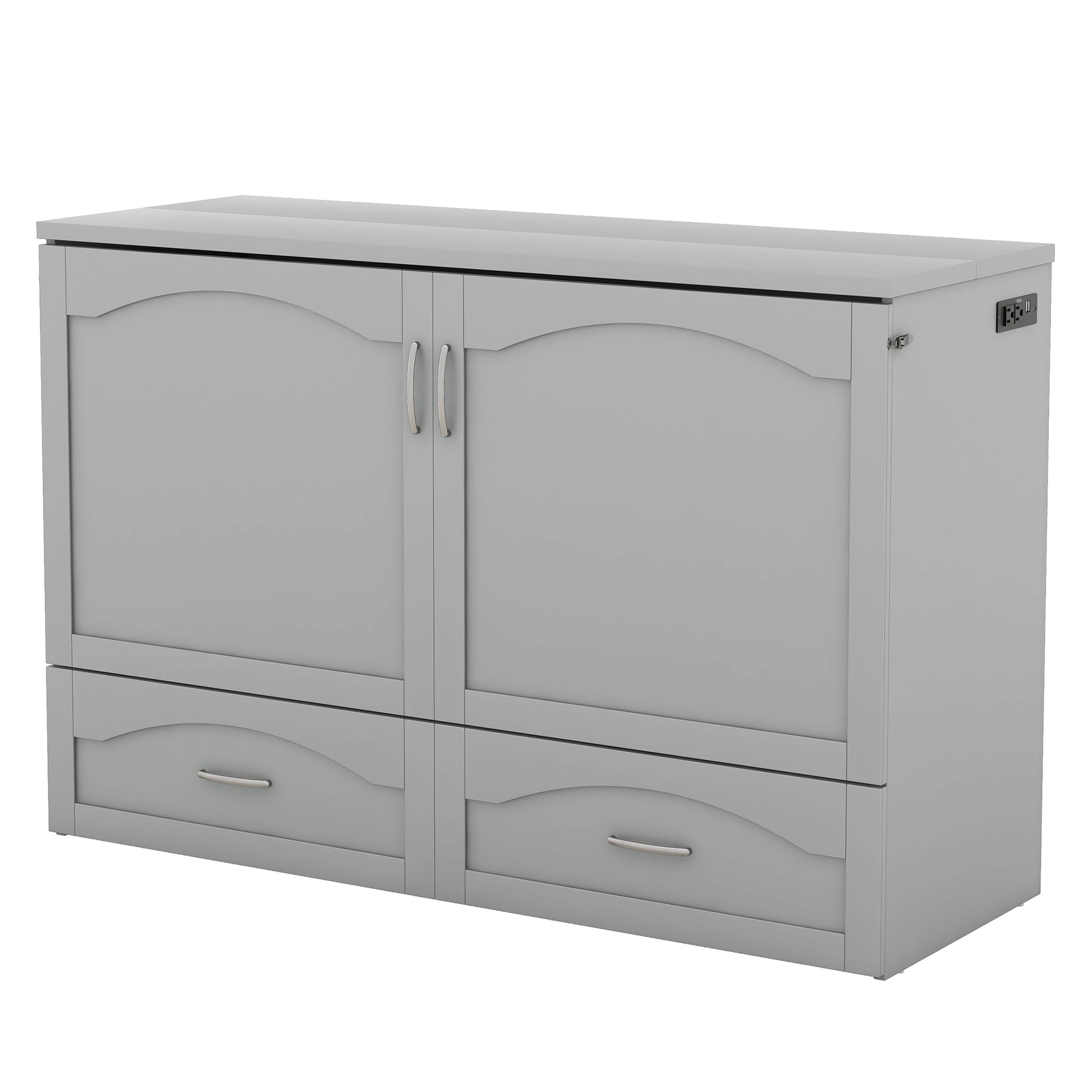 Queen Size Murphy Bed Wall Bed With Drawer And A Set Of Sockets & Usb Ports, Pulley Structure Design, Gray Gray Solid Wood Mdf