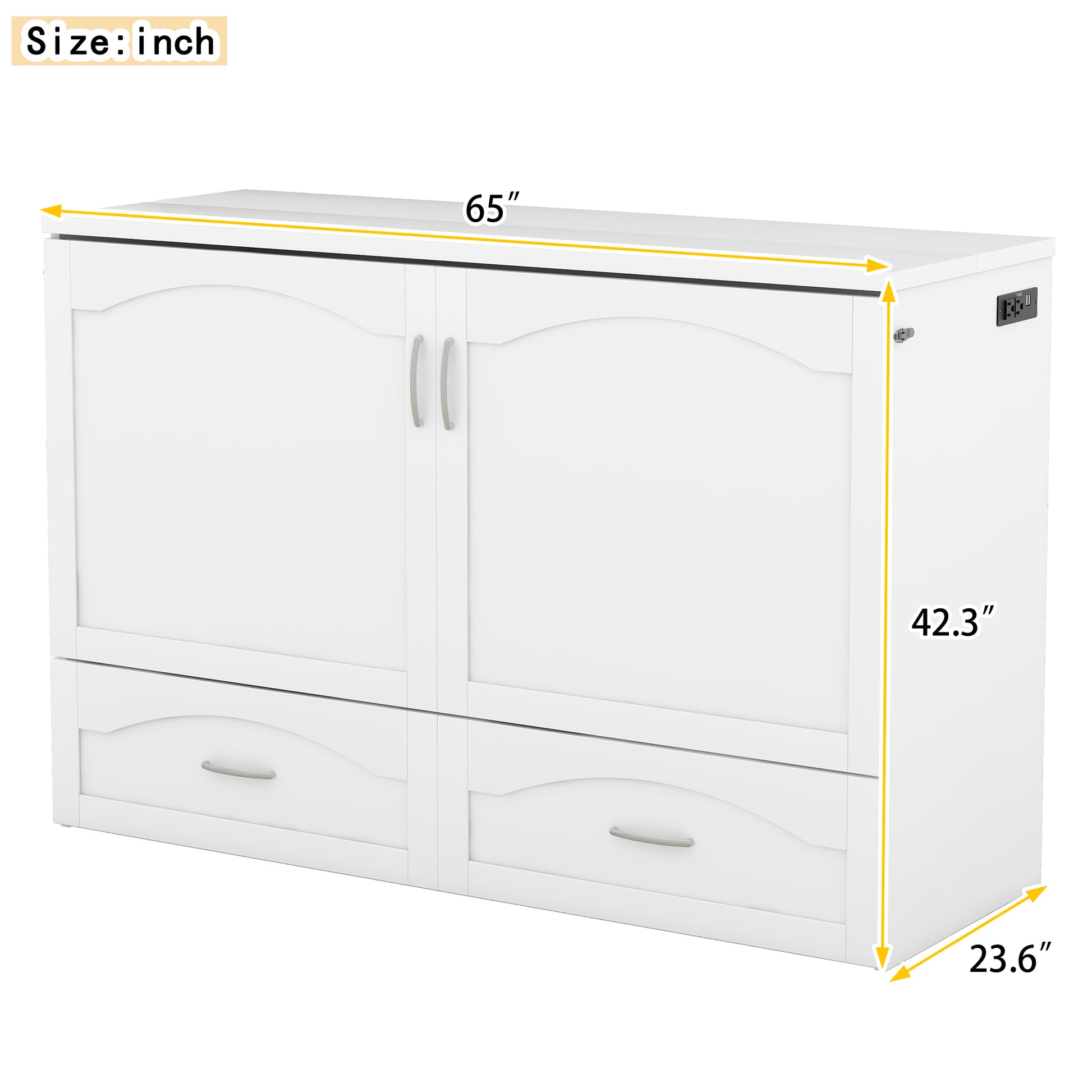 Queen Size Murphy Bed Wall Bed With Drawer And A Set Of Sockets & Usb Ports, Pulley Structure Design, White White Solid Wood Mdf