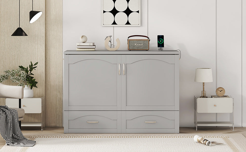 Full Size Murphy Bed Wall Bed With Drawer And A Set Of Sockets & Usb Ports, Pulley Structure Design, Gray Gray Solid Wood Mdf